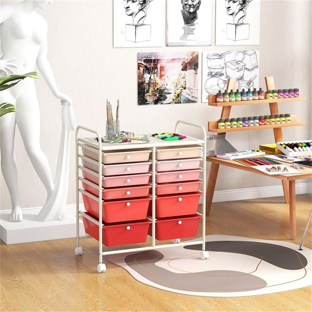 Pemberly Row 12-Drawer Rolling Storage Cart with Swivel Casters (Pink, 25 in x 15 in x 29.5 in) pk3sc