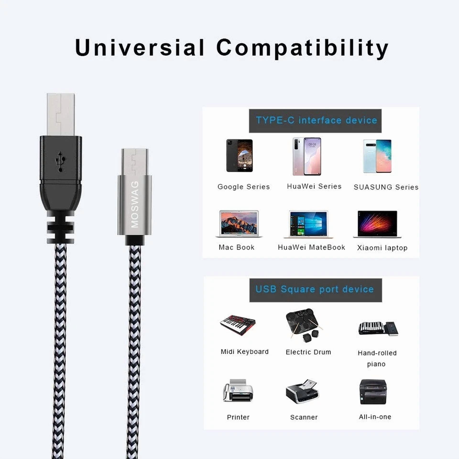 Rhea USB B to C Printer Cable, Nylon Braided High-Speed Data Sync Cord (Black, 6.6 ft) 2hrjx