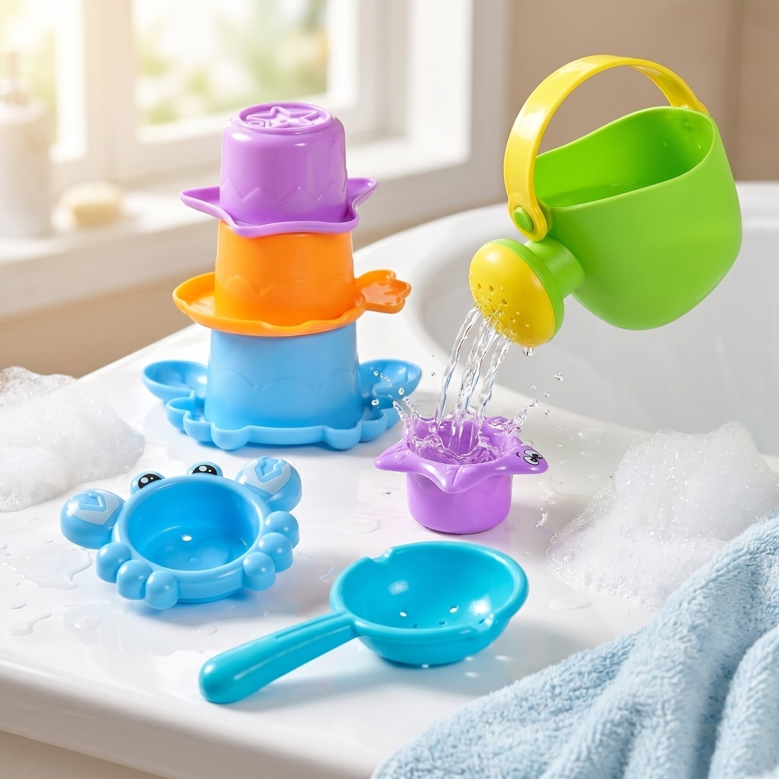 PETTEPBBLEWS Beach Sand Toys Set for Kids, Outdoor Sandbox Activity Kit with Watering Tool, Spoon, and 3 Stacking Cups (Green, 5-Piece Set) e1dol