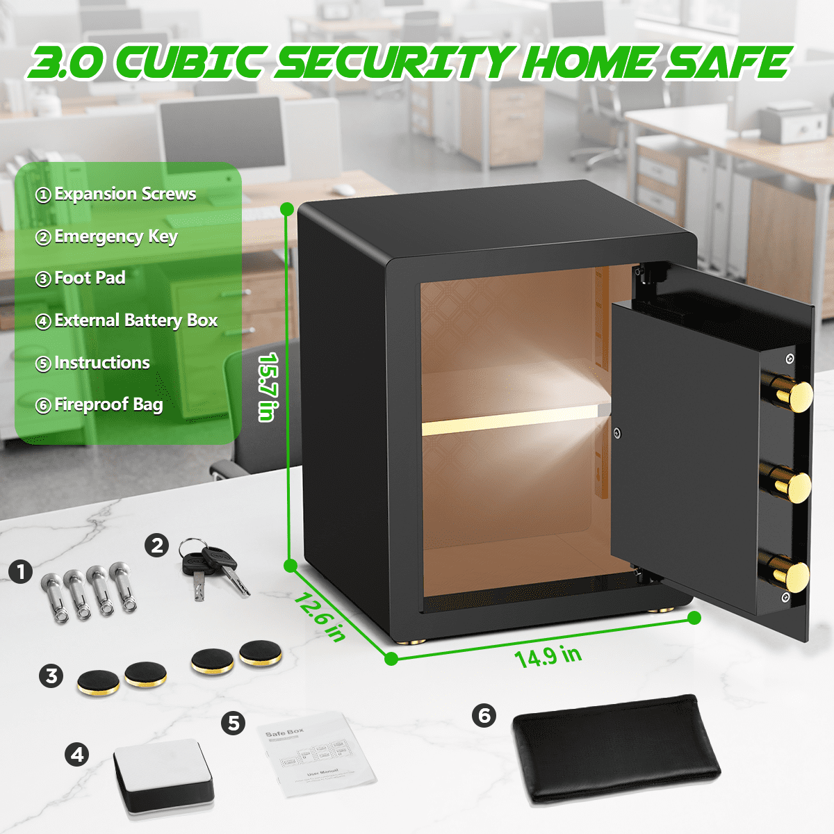 SYSENFO 3.0 Cuft Large Security Safe Box with Digital Keypad, Alarm System & Fireproof Bag (Black, 3.0 Cuft) 6yhtg