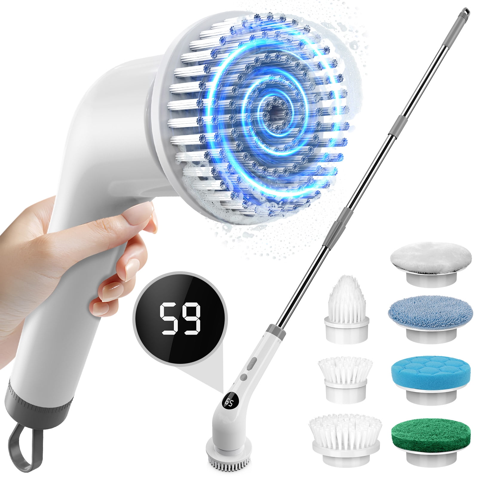 Amiluo Electric Spin Scrubber, Cordless Bathroom Cleaning Brush with Extension Handle and 7 Replaceable Heads (50 in) 2168s
