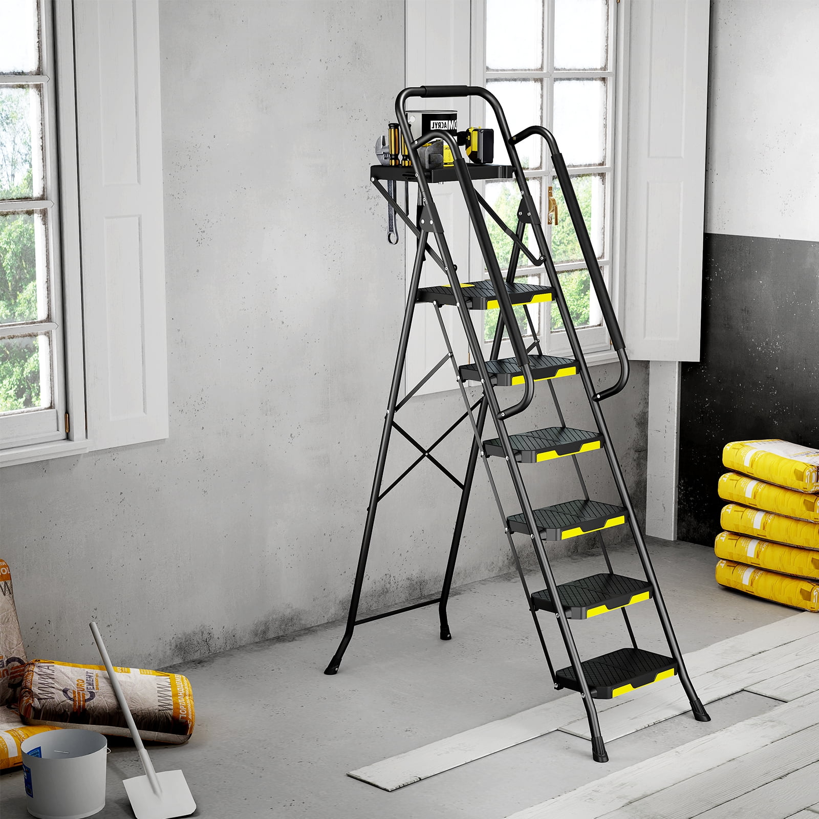 KINGRACK 6 Step Ladder, Heavy-Duty Steel Step Stool with Tool Platform and Handrails (Black, 800 lb Capacity) ct59l