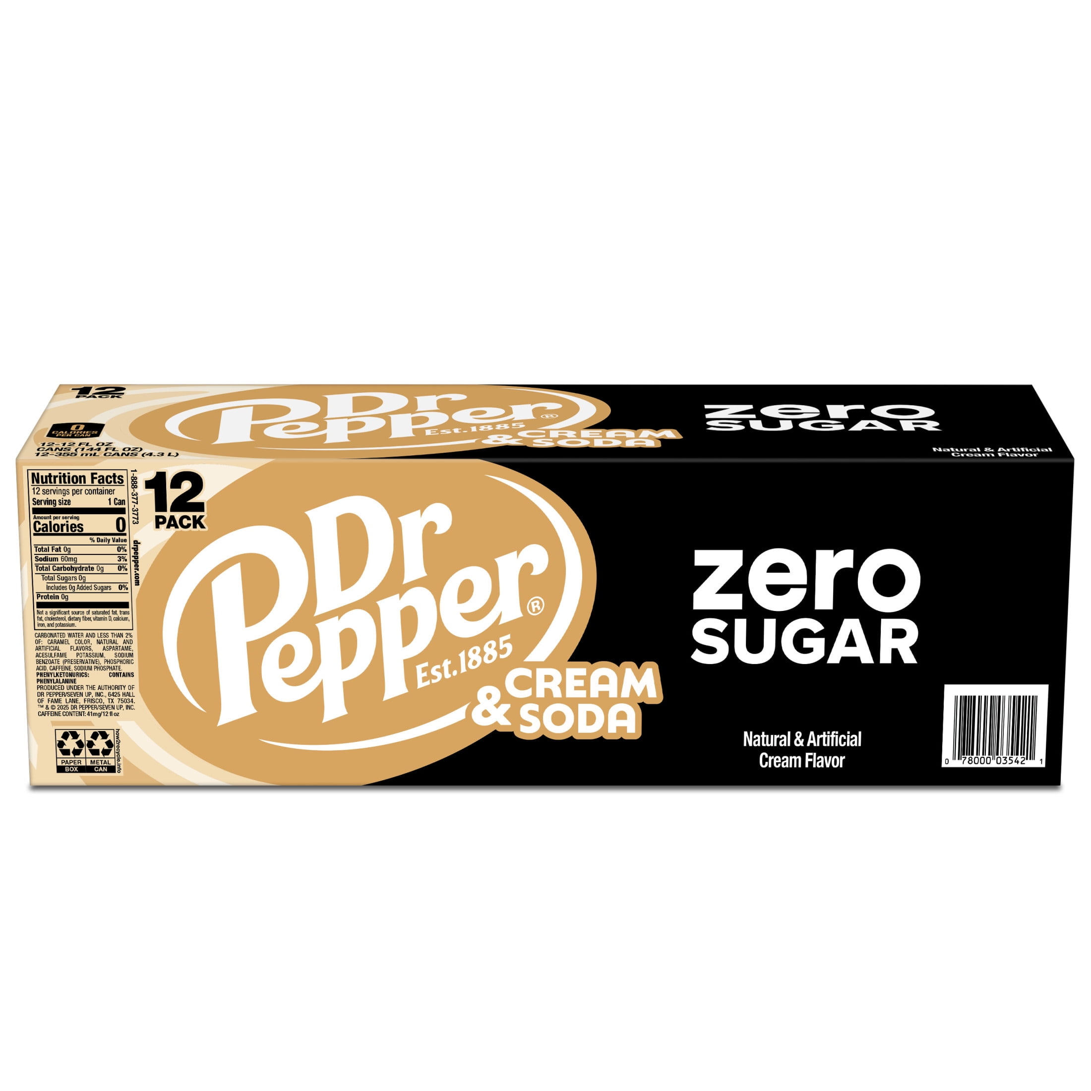 Dr. Pepper Zero Sugar Cream Soda, Refreshing Carbonated Beverage (12 fl oz, 12 Pack) cb012