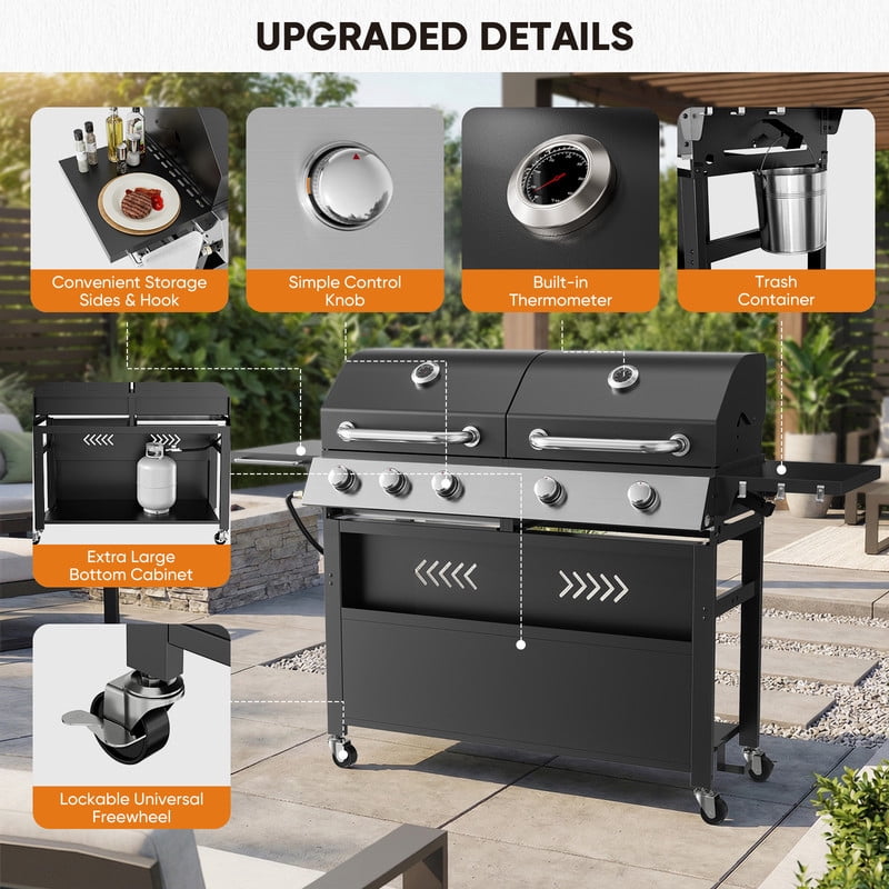Patiobula 5-Burner Propane Gas Grill and Griddle Combo with Dual Stainless Steel Lids (Black, 64 in W) 1wq56
