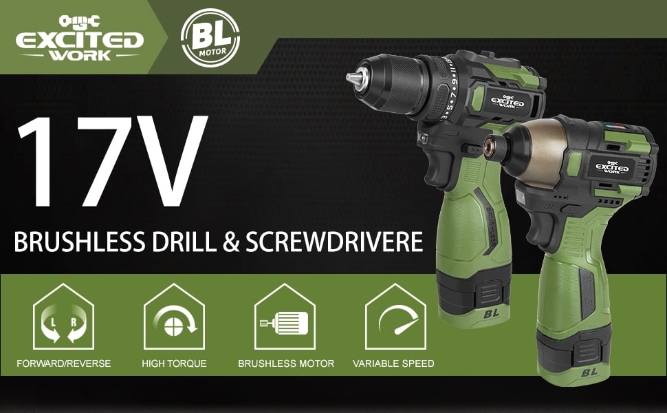 EXCITED WORK Brushless Cordless Drill and Impact Driver Combo Kit (17V, 2-Piece Set) 12otx