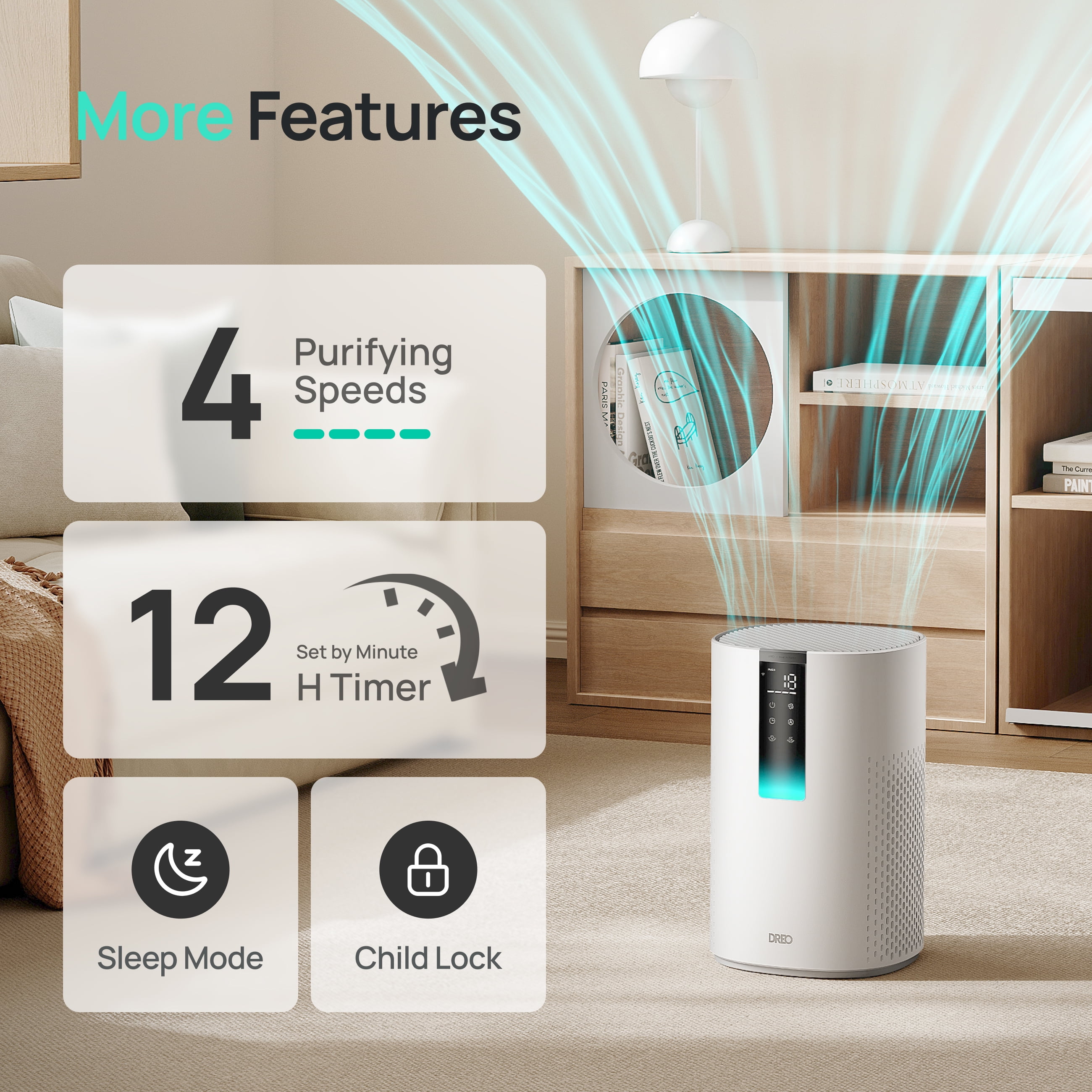 DREO HEPA Air Purifier for Large Rooms, Smart Home Air Cleaner with 5-Stage Filtration and PM2.5 Display (White, 1600 sq ft) p1azm