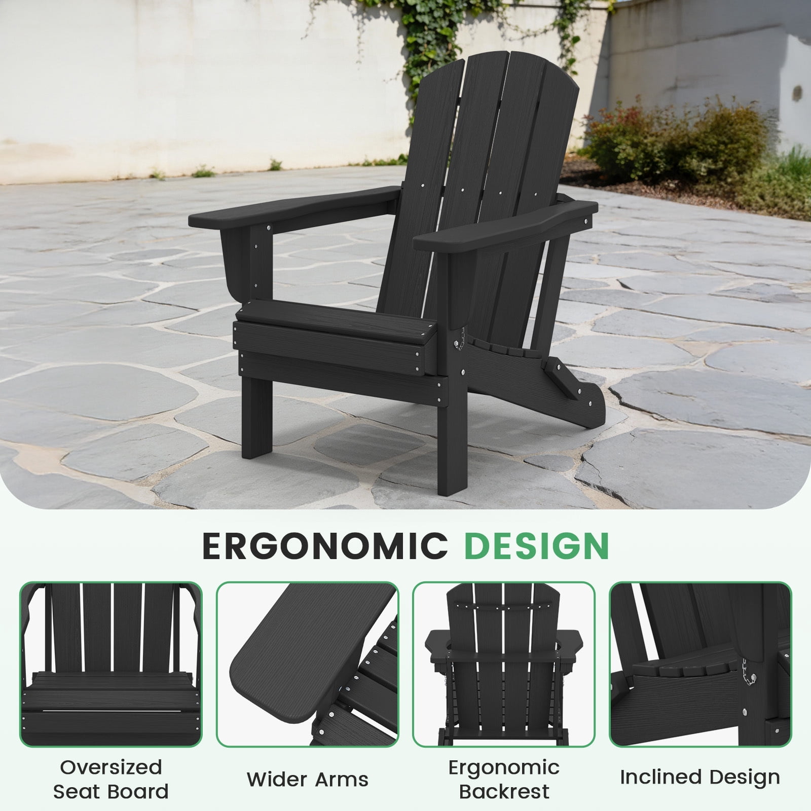 Loyalice Folding Adirondack Chair, Weather-Resistant HDPE Outdoor Patio Chair with Ergonomic Backrest (Black, 360 lb Capacity) wxm2z