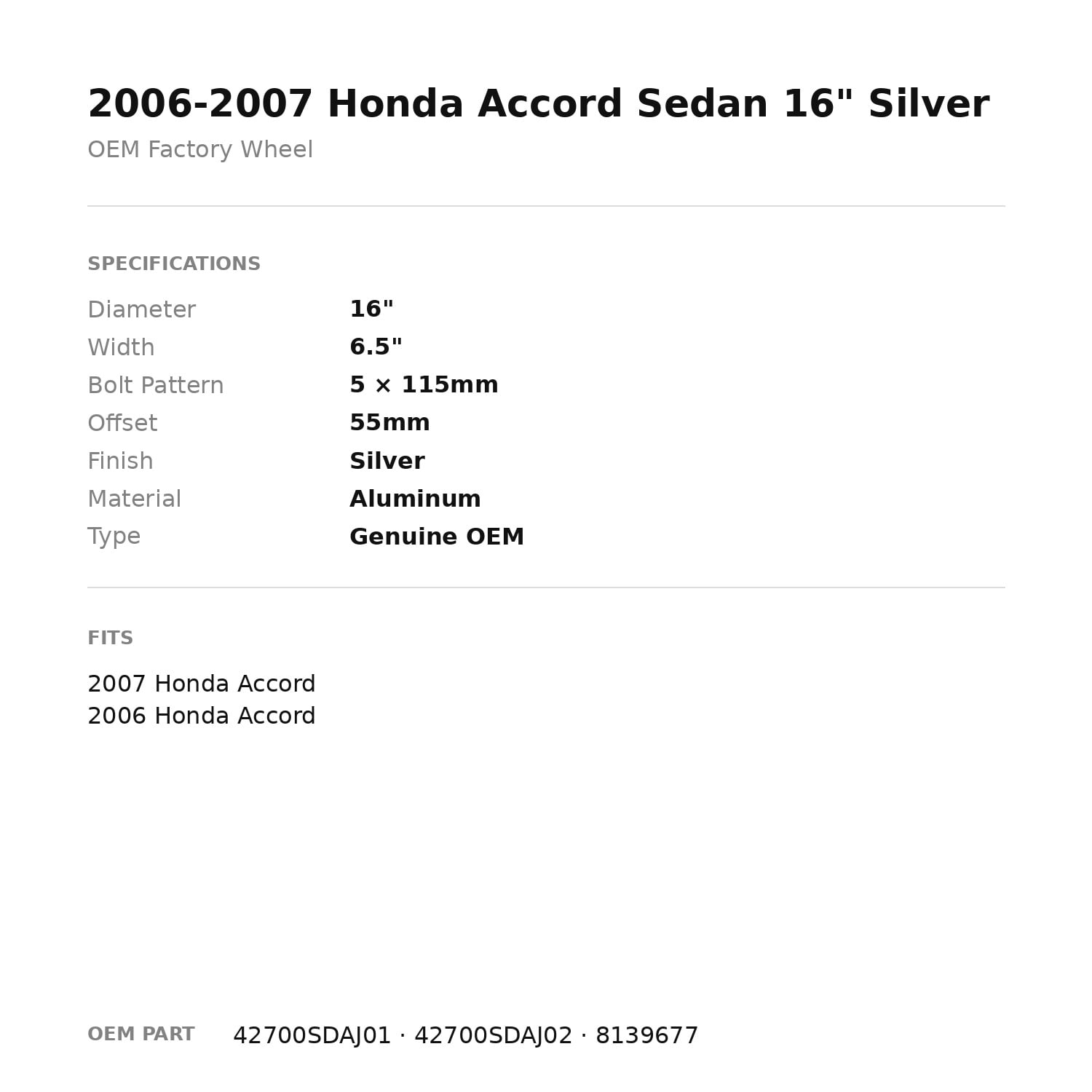 Factory Wheel Warehouse Honda Accord Sedan 16 in Silver OEM Factory Wheel Rim (2006-2007, 16 in) wmsux