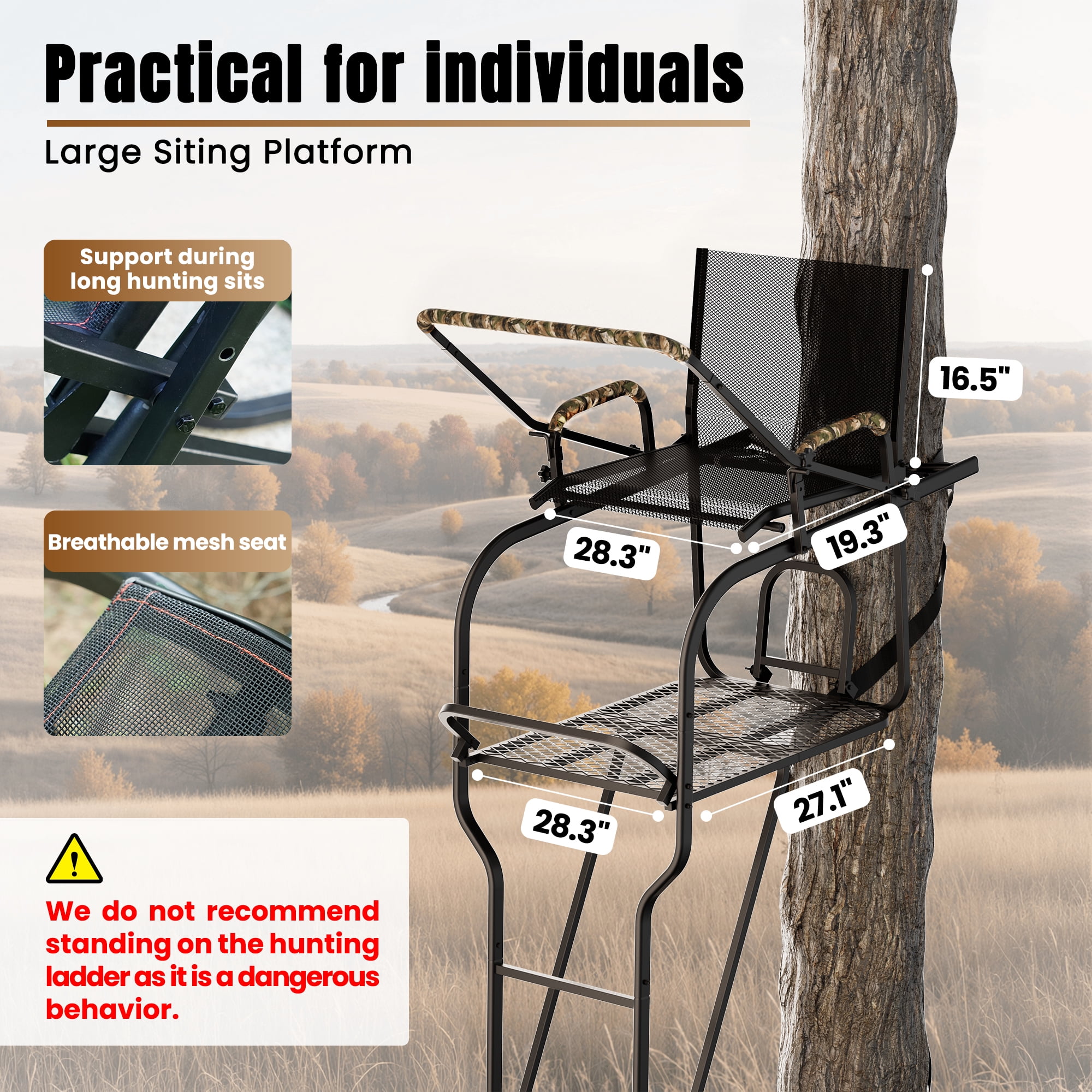 Naipo 18.7 ft Hunting Ladder Stand with Adjustable Shooting Rail and Full Body Harness (Black, 350 lb) 6g0ps