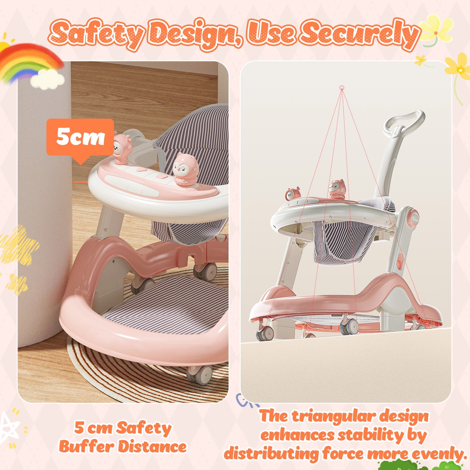 WonderStone 5-in-1 Baby Walker and Activity Center, Foldable Push Walker with Music and Lights (Pink, 27.5 in x 21 in x 19.68 in) 43quc