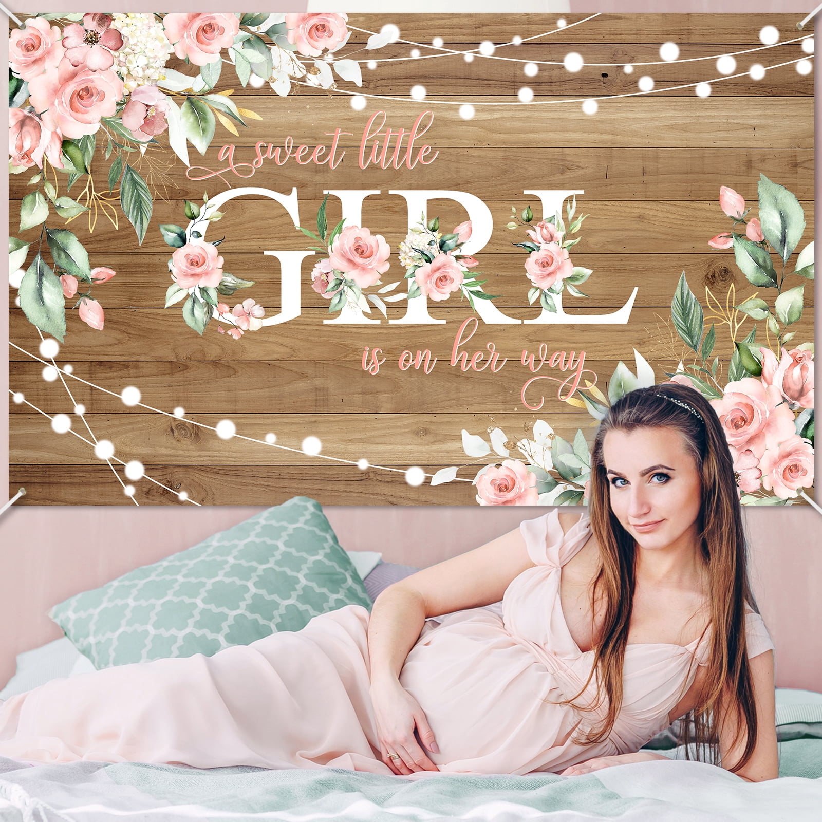 Mocsicka Rustic Baby Shower Backdrop Pink Flower Floral Banner for Girl (Pink, 71 in x 43 in) uzwto