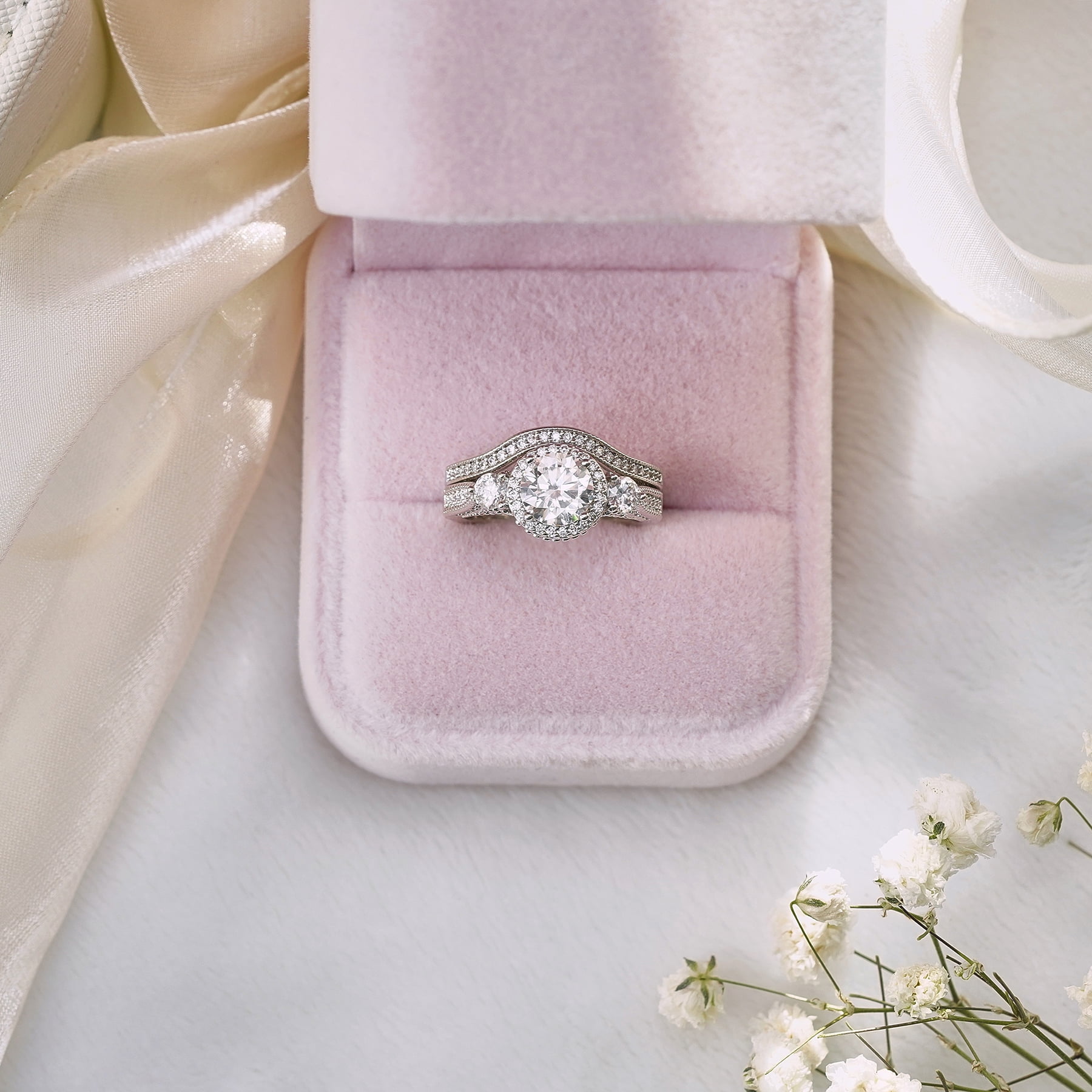 JeenMata Moissanite Wedding Ring Set Round Cut Vintage Halo Bridal Set (White, 2 Carat) dt6y2