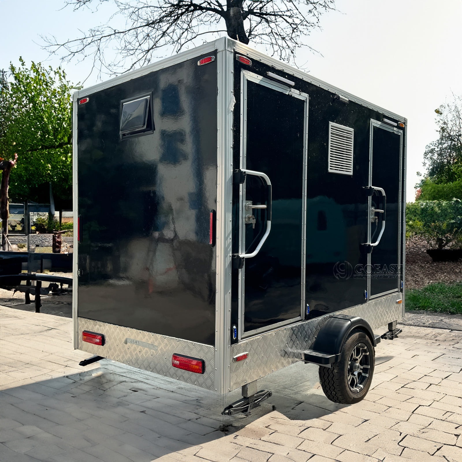 Goeasy Vehicle Black Series Dual-Stall Luxury Mobile Restroom Trailer with Sink (Black, 2-Stall) u9z77