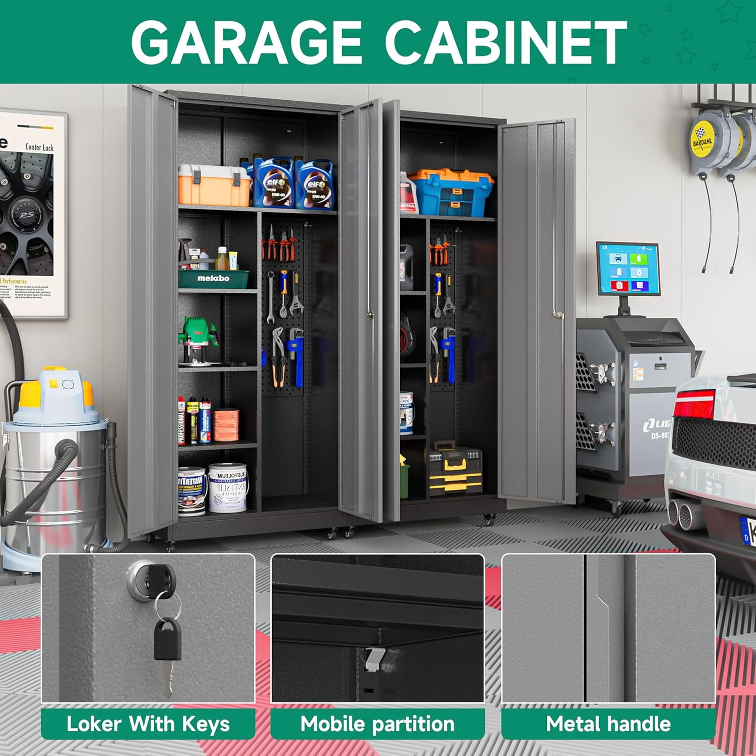 Kooyon Metal Garage Storage Cabinet with Locking Doors and Adjustable Shelves (Black, 72 in H x 36 in W x 18 in D) dq2e3