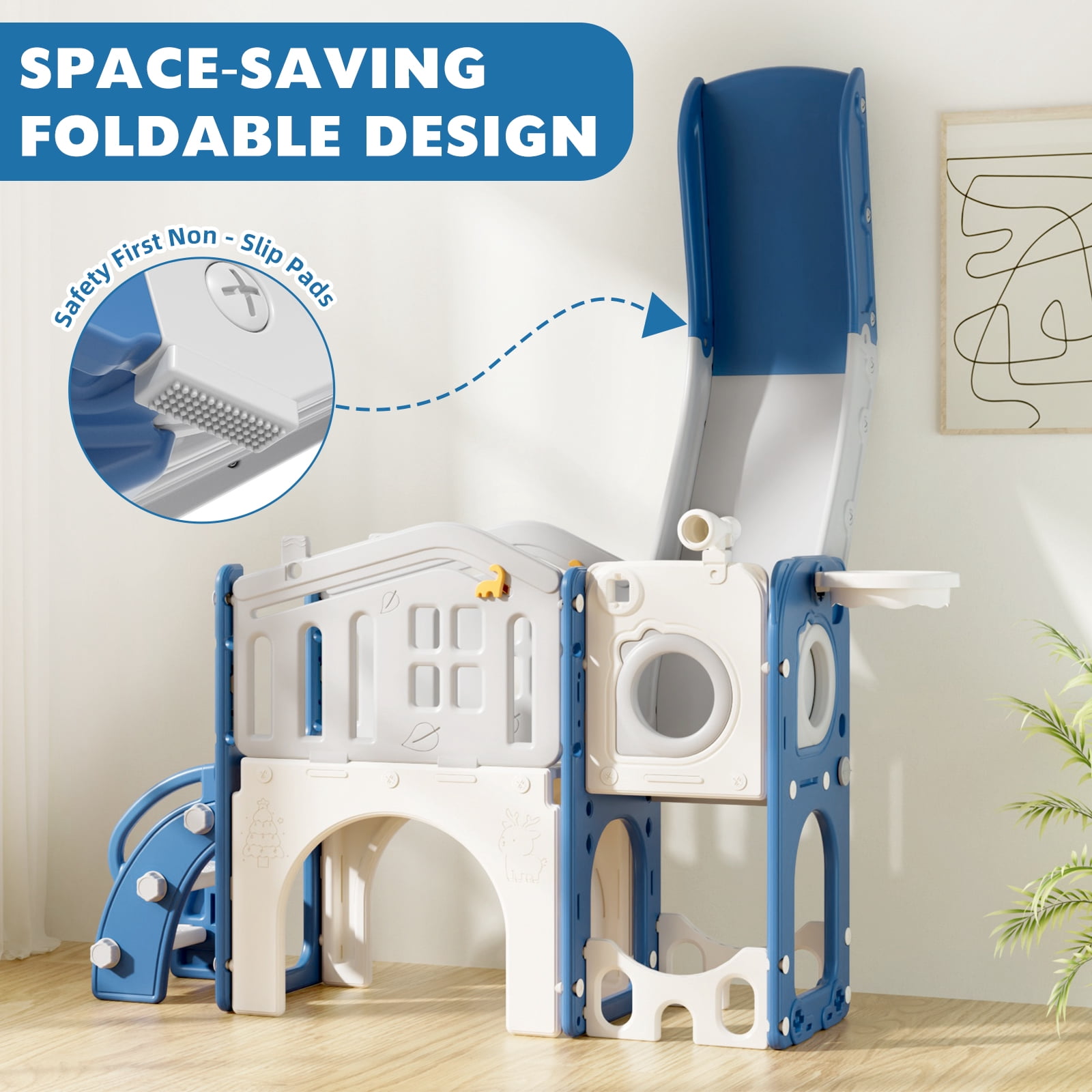 XJD 10-in-1 Toddler Slide and Activity Playset, Indoor and Outdoor Playground with Basketball Hoop and Climbing Zone (Blue and Gray) 125sk