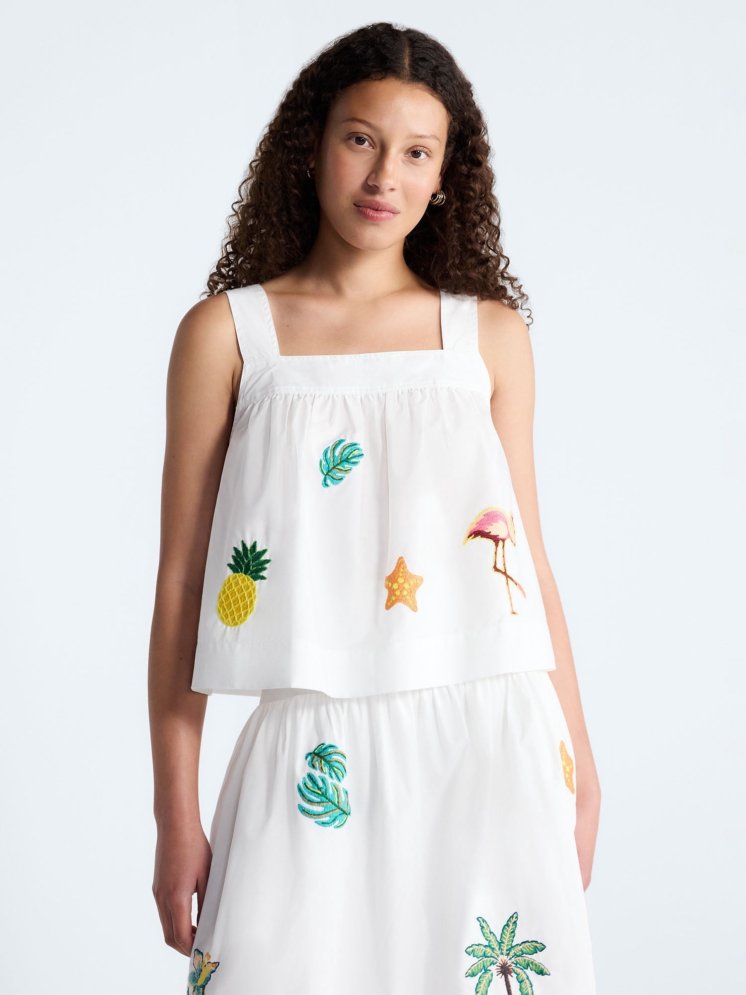 Free Assembly Women's Embroidered Cotton Square Neck Tank Top (White, XS-4X) kbbdf