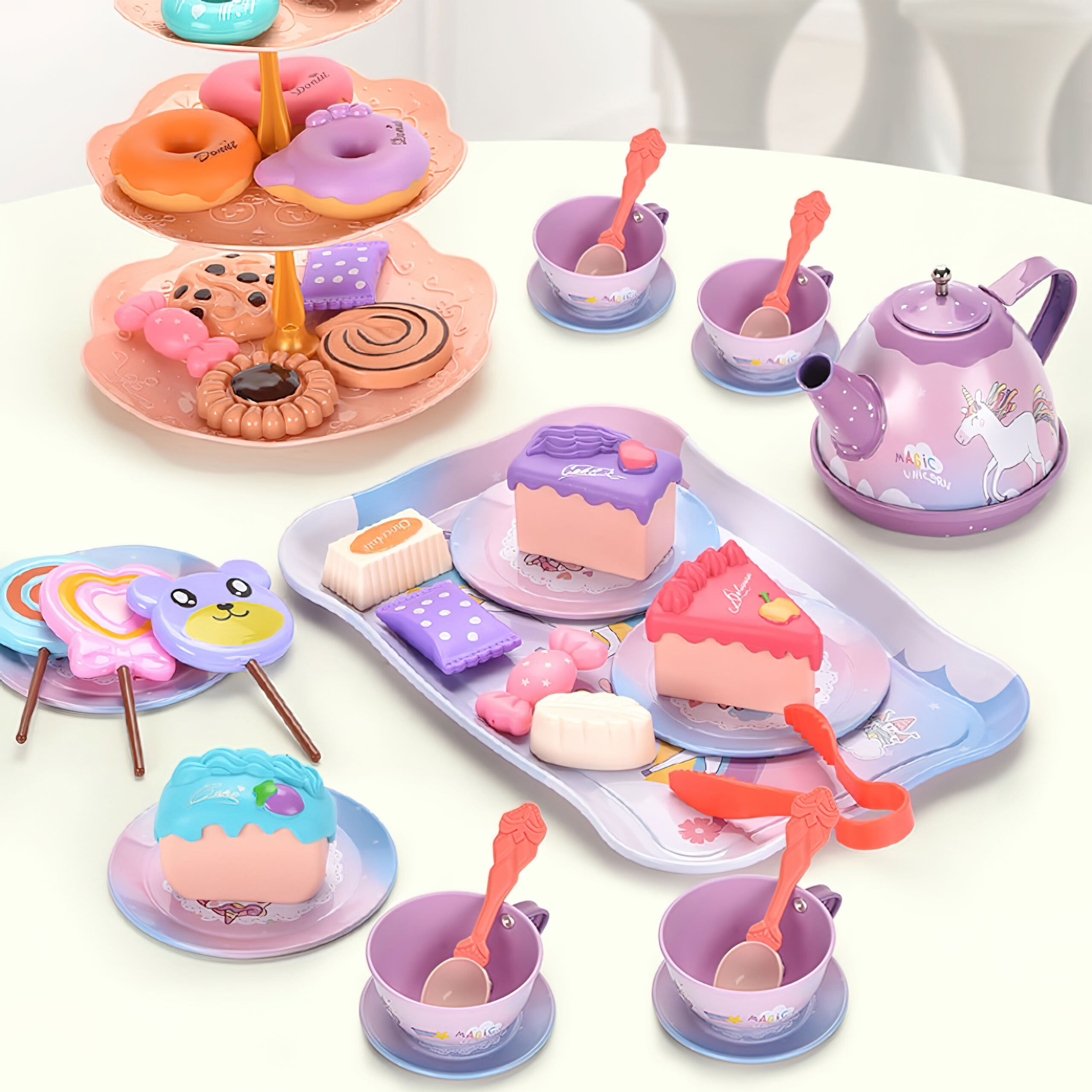 Freecat Unicorn Tea Party Set, Pretend Play Kitchen Activity Toy for Kids (Yellow, 48-Piece Set) mwhwh