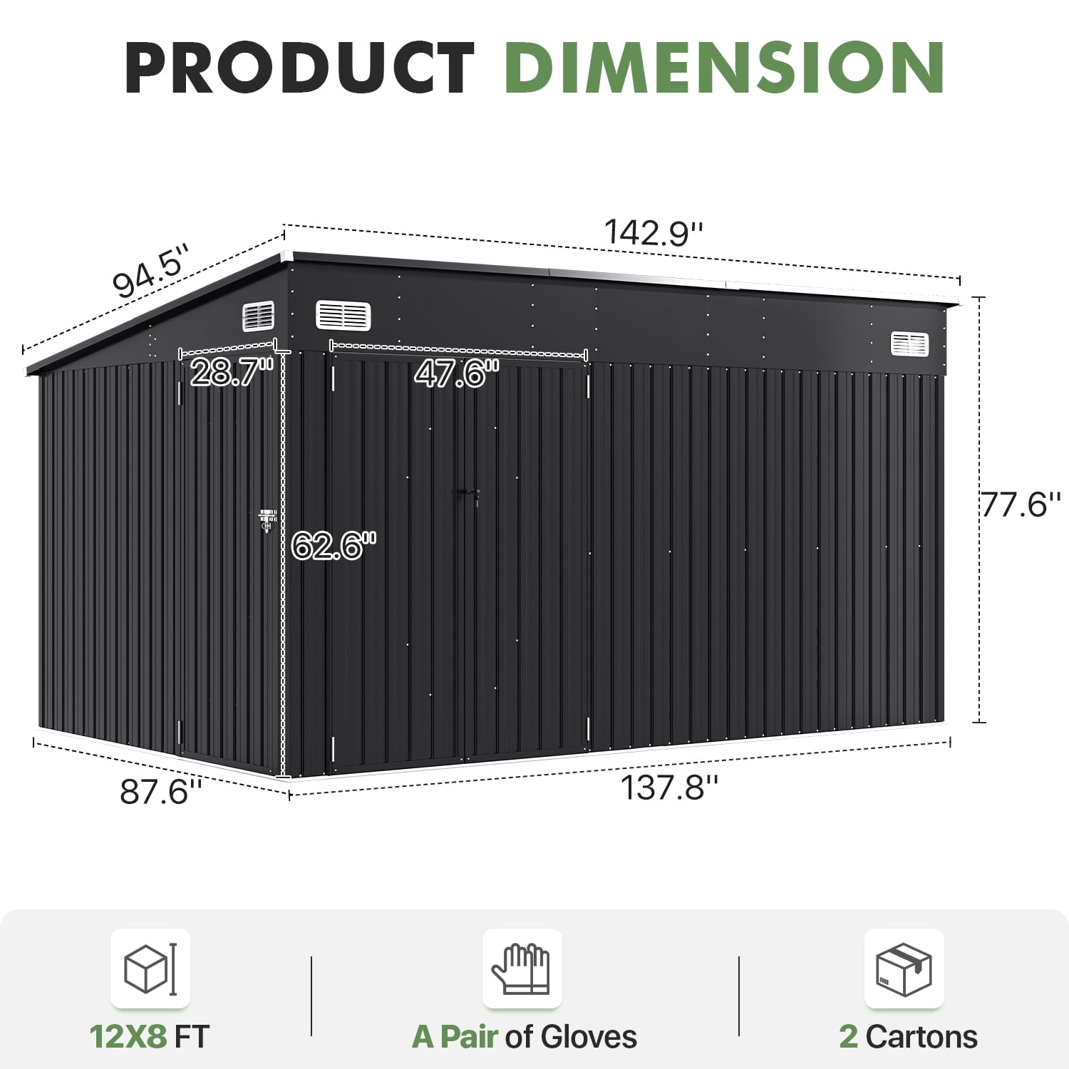 BaPiPro 12 ft x 8 ft Lean-to Metal Storage Shed, Outdoor Lockable Garden Shed with Triple Doors and Vents (Black, 12 ft x 8 ft) m8bqf