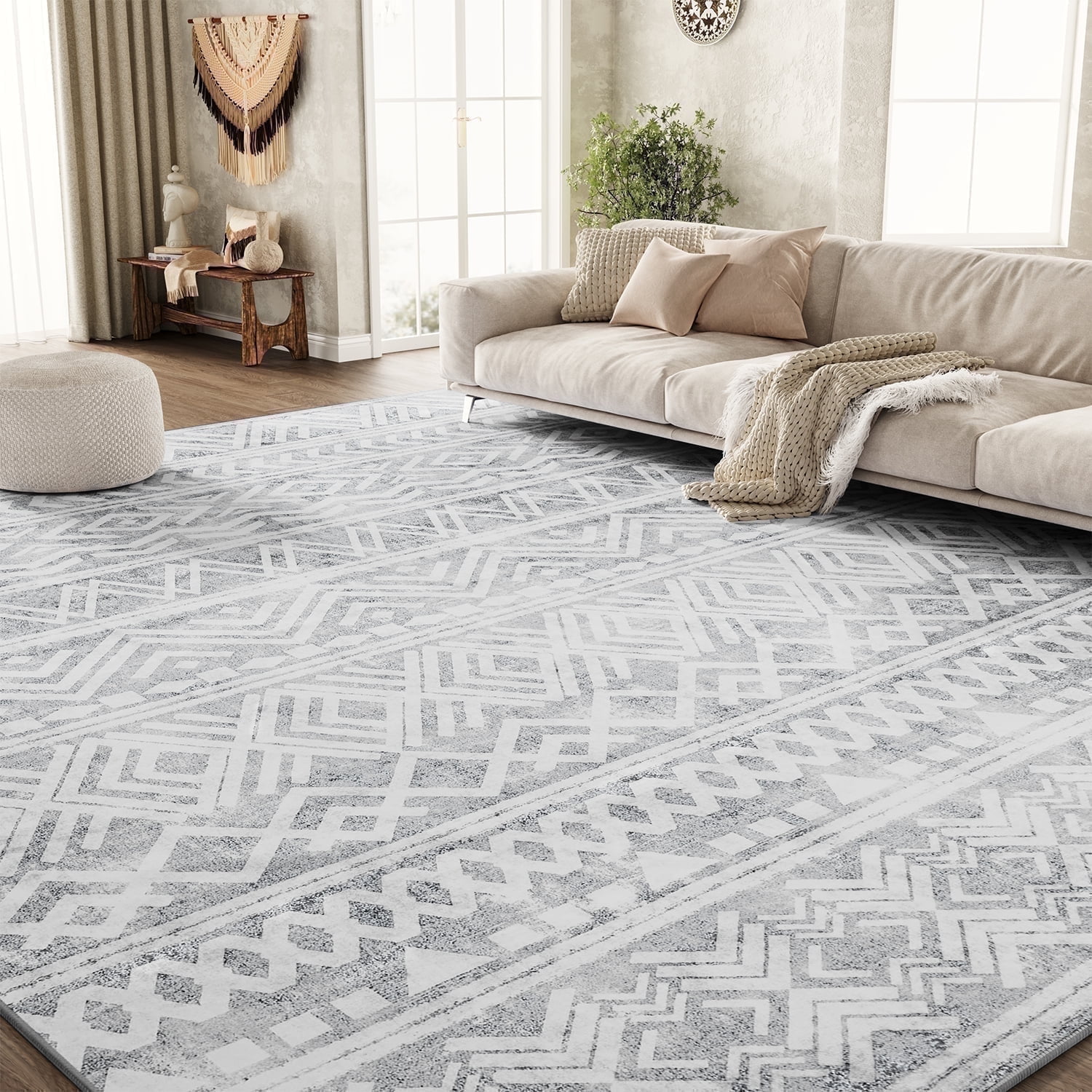 SIXHOME Modern Geometric Area Rug, Washable Boho Living Room Carpet (Gray, 5 ft x 7 ft) 46hf0