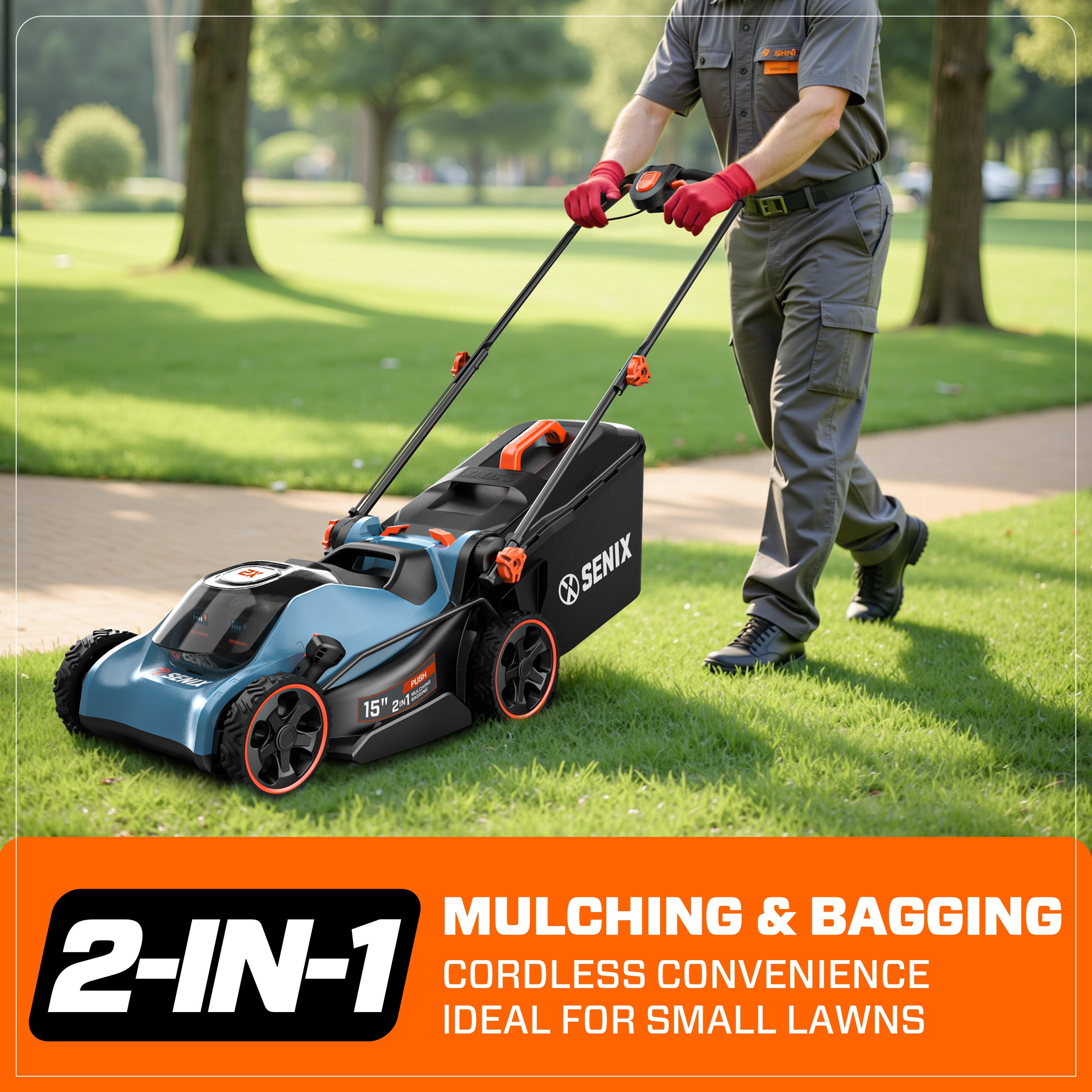 Senix 40V Brushless Cordless Push Lawn Mower with (2x) 4.0Ah Batteries, 16 in Deck, 2-in-1 Mulching and Bagging (16 in) 3u8ab