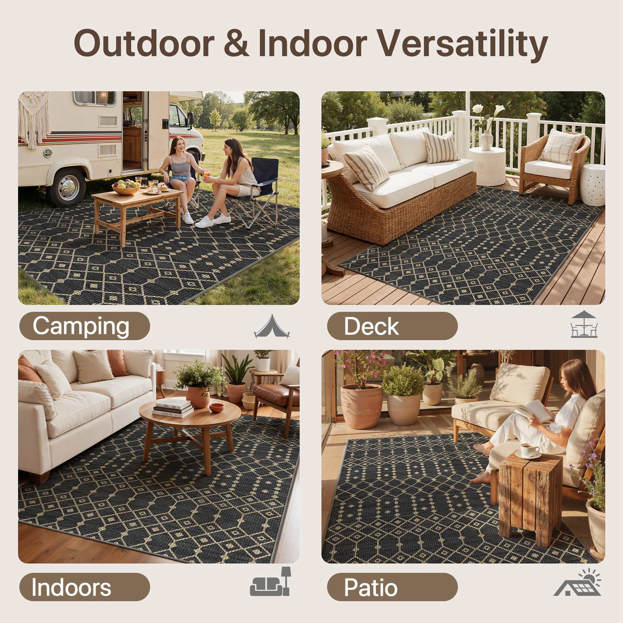 DEORAB Outdoor Rug (Black & Beige, 5 ft x 8 ft) Washable UV-Resistant Patio Deck Carpet 1u2r2