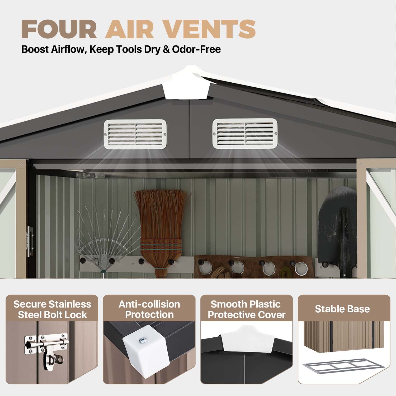 BaPiPro Outdoor Storage Shed, Heavy-Duty Galvanized Steel Garden Tool Shed with Integrated Base and Locking Doors (Brown, 79 in x 50 in x 74 in) qsn8v
