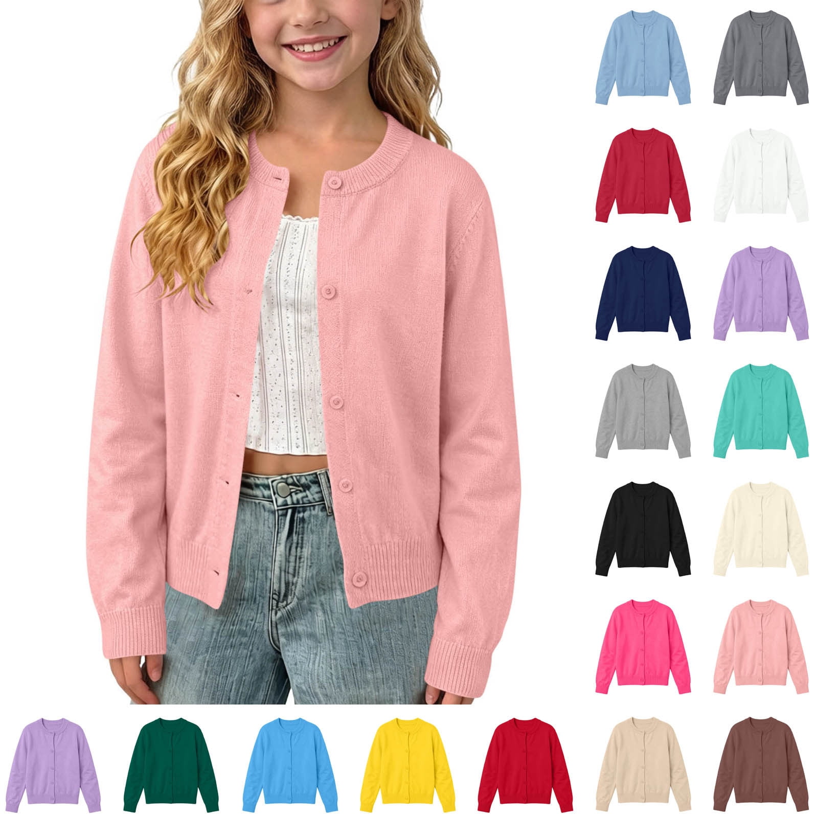 YHAJDS Kids Knit Cardigan Crewneck Button Down Long Sleeve School Sweater (Solid Color, 4T) 8jy4i