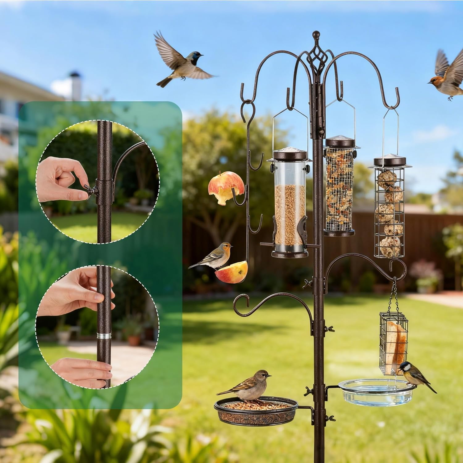 Urban Deco Bird Feeding Station Kit with 6 Hanging Hooks and Bird Bath (Black, 88.6 in) ncchl