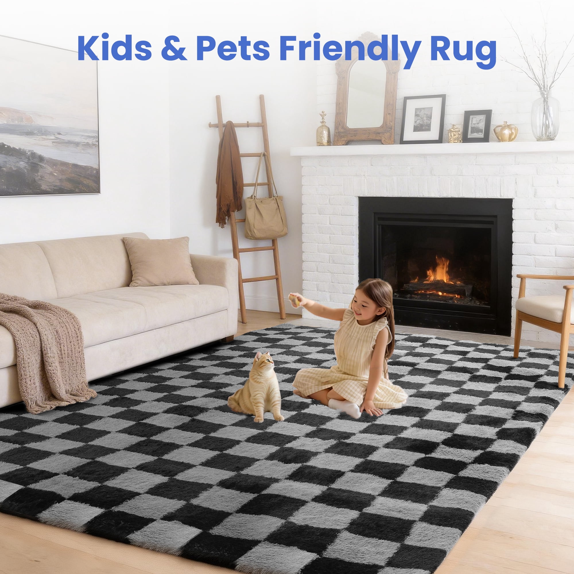 Cozydesg Shag Area Rug, Soft Fluffy Checkered Floor Carpet, Non-Slip Washable Rug for Living Room and Bedroom (Black & Grey, 5 ft x 8 ft) 1noe6
