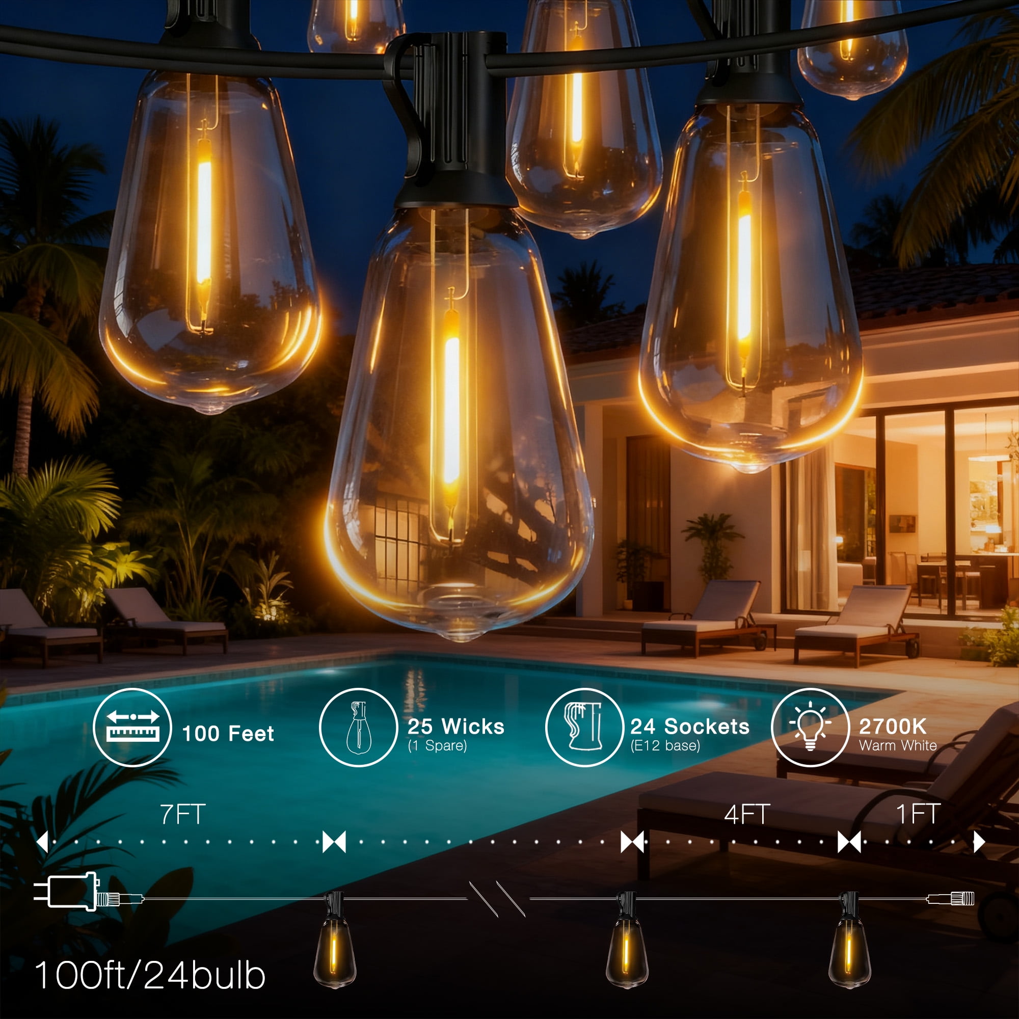 DAYBETTER Solar String Lights Outdoor, Waterproof LED Hanging Lights with 24 Shatterproof Bulbs, Dimmable (Warm White, 100 ft) 6tzjz