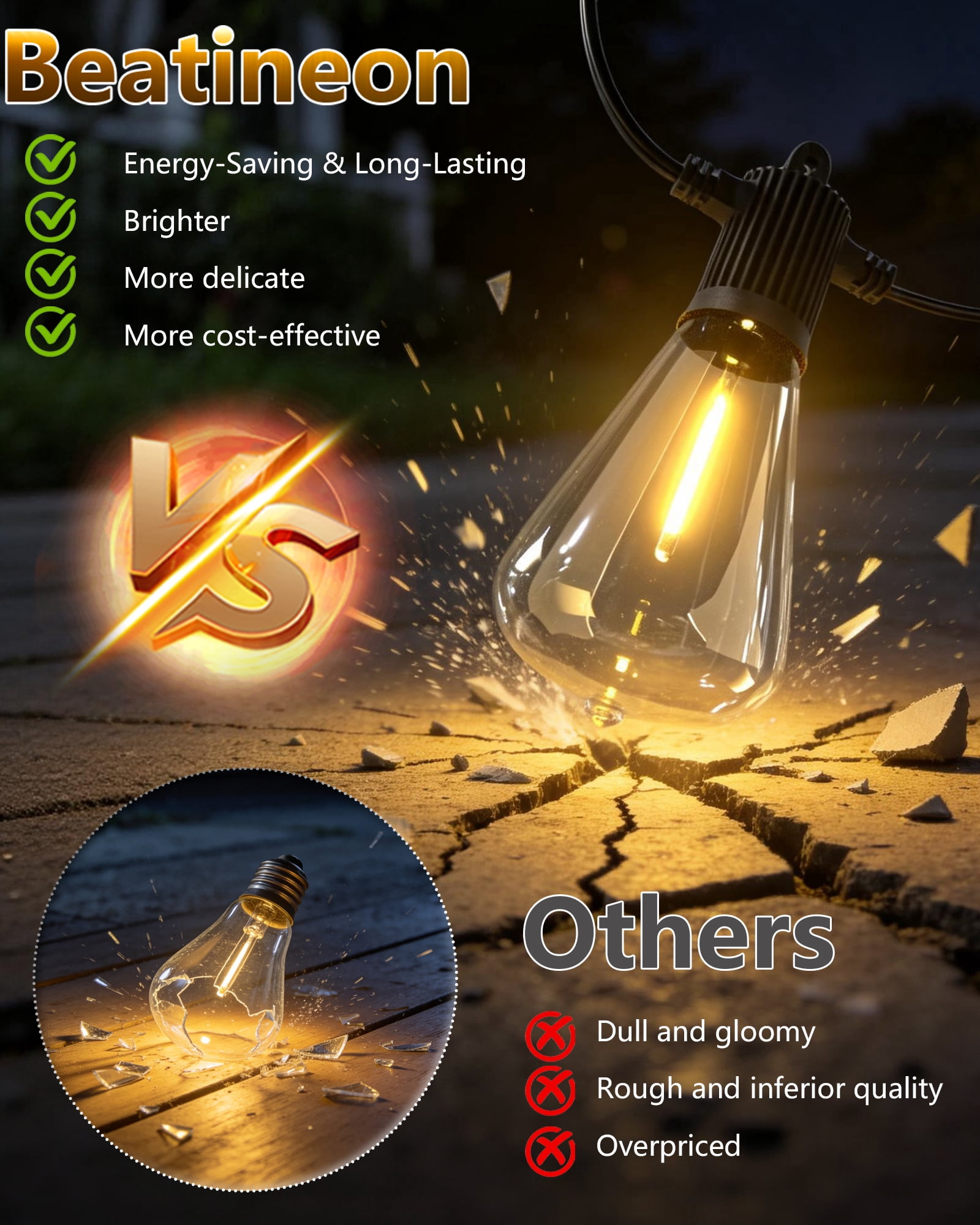 Beatineon LED Outdoor String Lights, Waterproof Patio Hanging Lights with 52 Edison Bulbs (100 ft) 3y80r