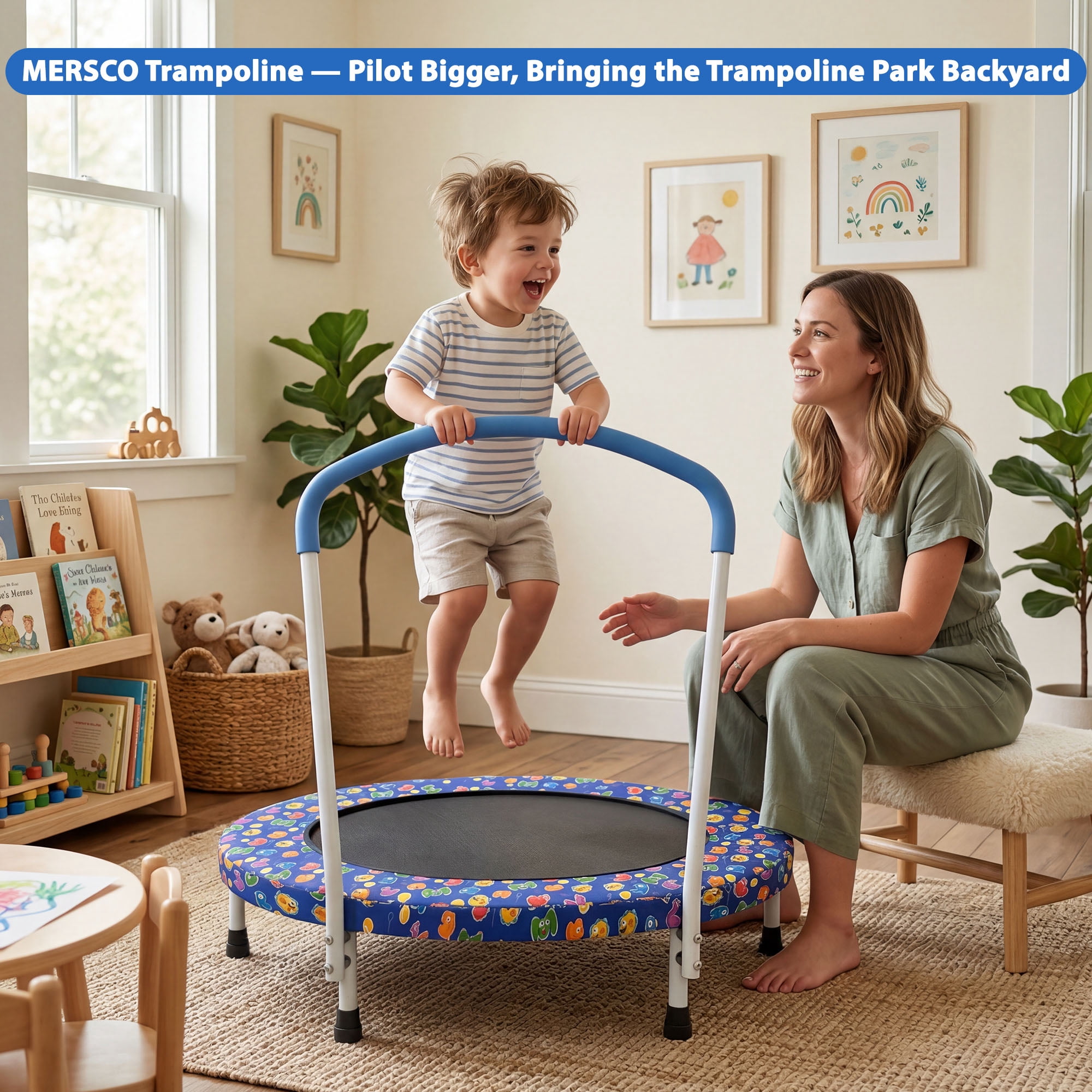 Mersco 36 in Kids Indoor Trampoline with Padded Handlebar (Blue, 36 in) 3teca