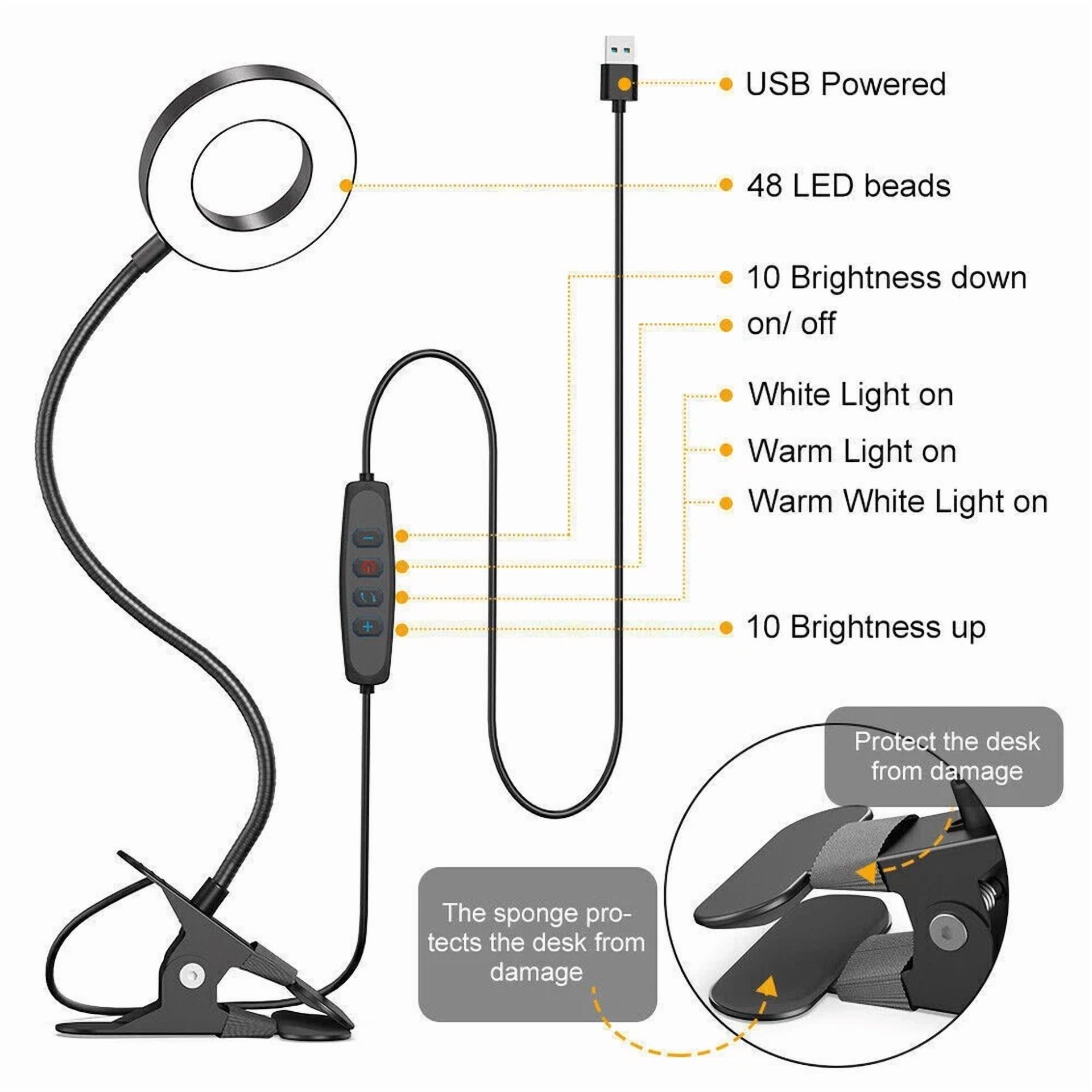 KLYNE Dimmable Clip On Desk Lamp with Gooseneck Arm and LED Ring Light (Black, 12 in) dsl4k
