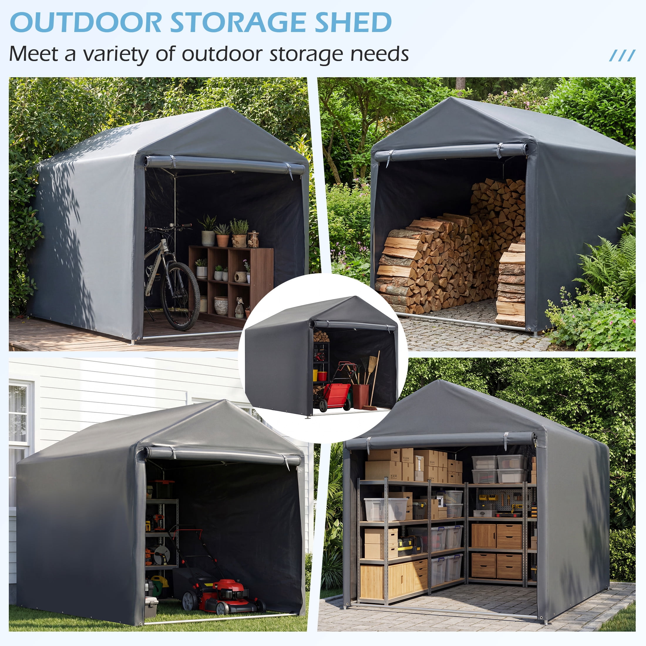 Erommy Outdoor Storage Shed, Heavy-Duty Portable Shelter with Zipper Door for Motorcycles and Garden Tools (Black, 7.2 ft x 5 ft x 5.4 ft) nj760
