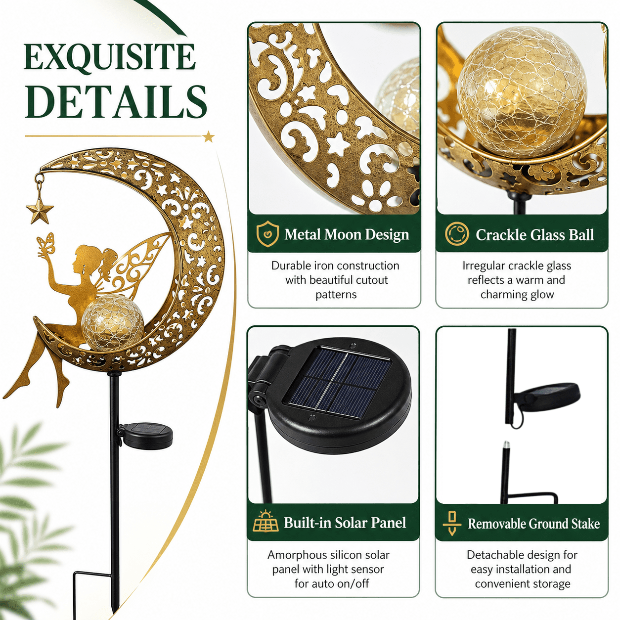 Mehoom Moon Fairy Solar Garden Lights, Decorative Outdoor Pathway Lighting (Gold, 32 in) nv92e