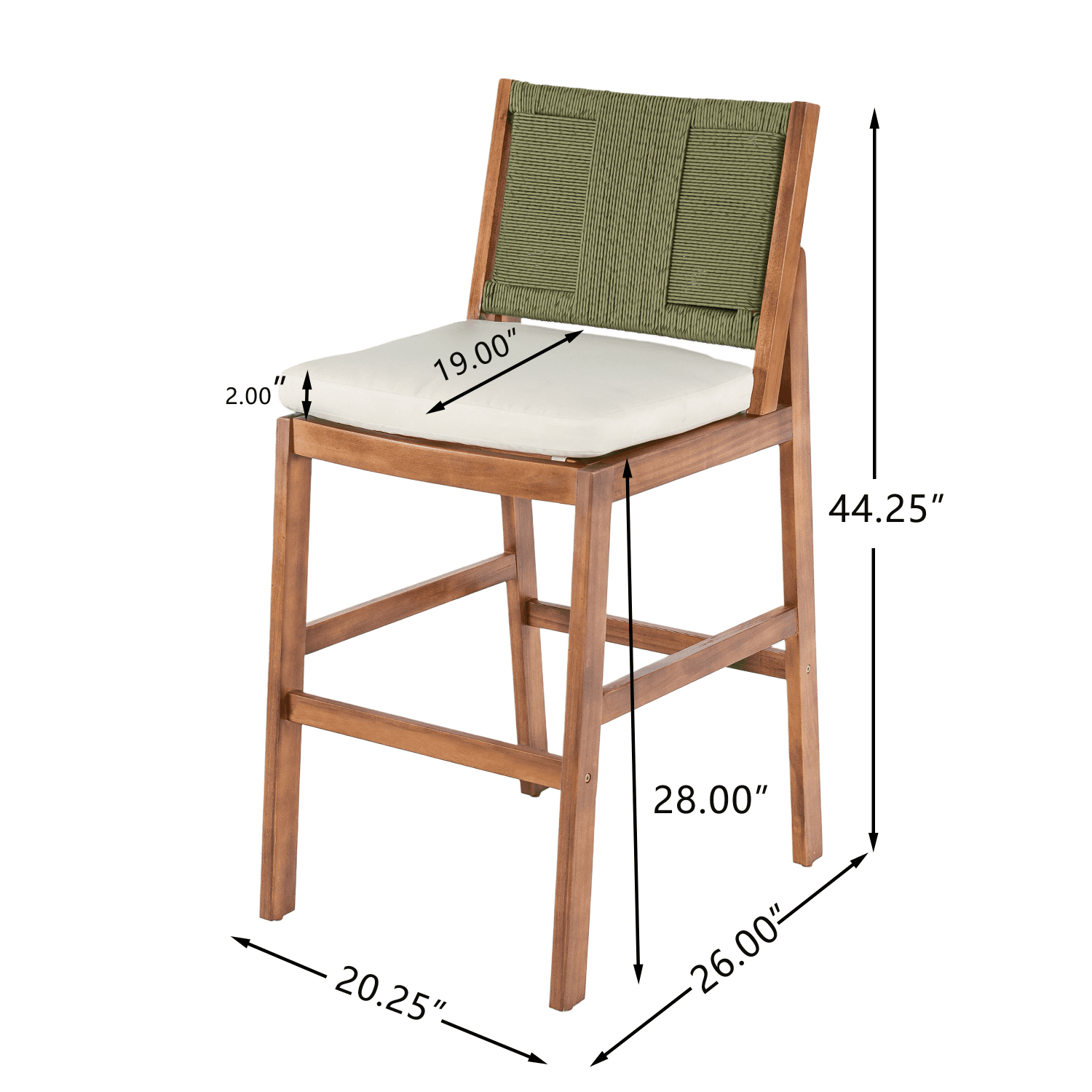 Tcbosik Outdoor Acacia Wood Bar Stools with Wicker Back and Cushions (Cream & Green, 2-Piece Set) sohbd