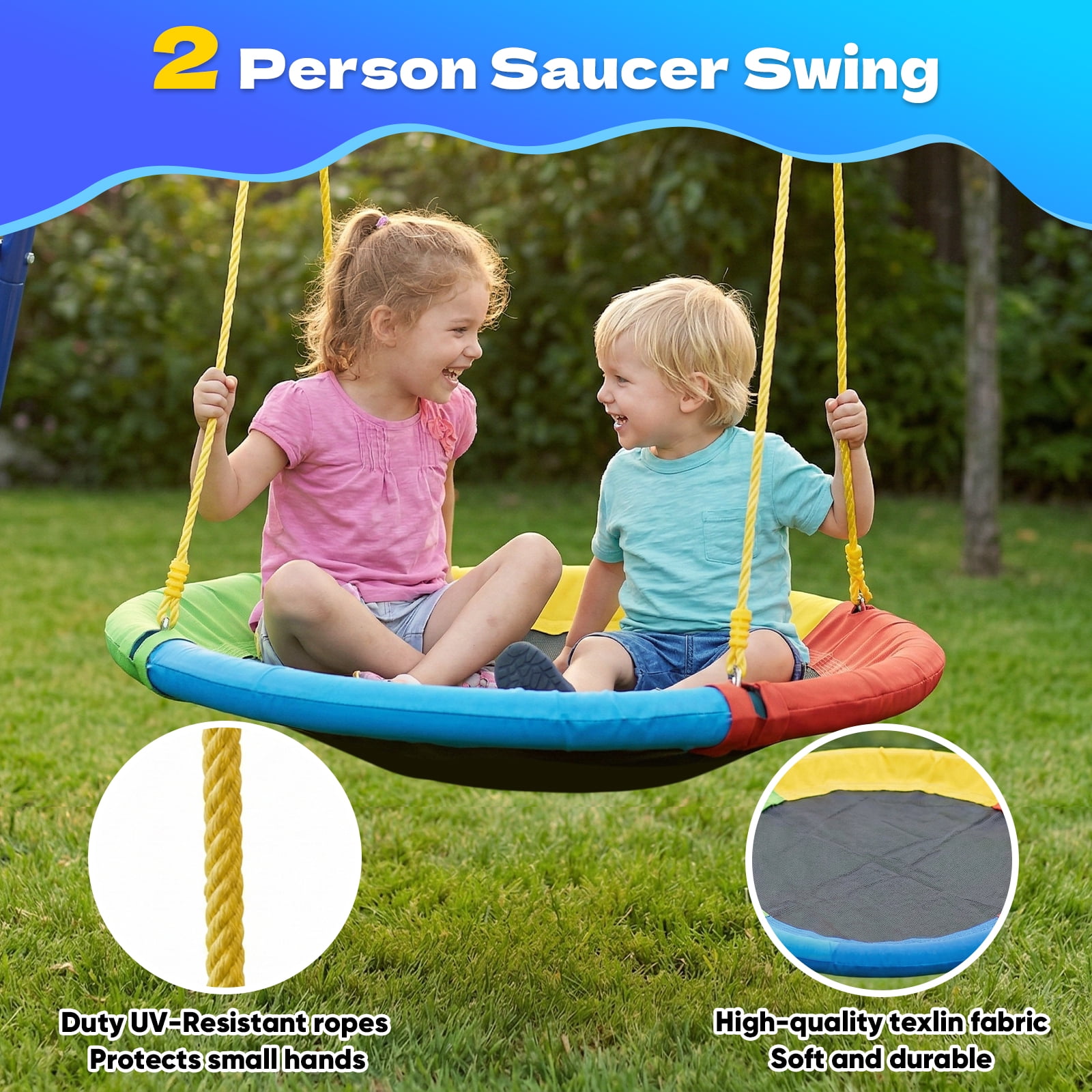 Fashionsport Outfitters Heavy-Duty Outdoor Metal Swing Set with Saucer Swing, Belt Swing, and Trapeze Rings (Yellow, 500 lb Capacity) 0b4sk