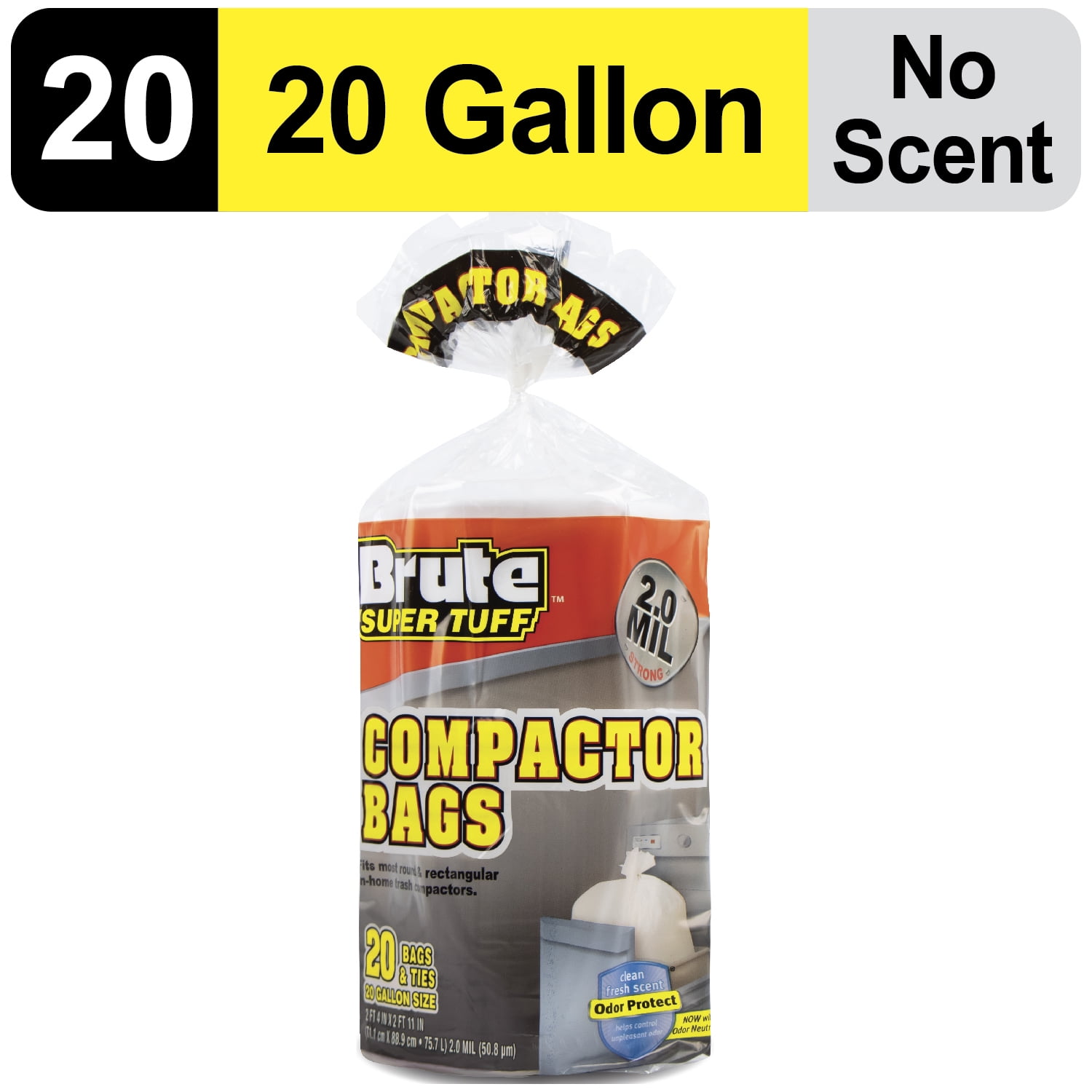 Brute Super Tuff Compactor Trash Bags, Heavy-Duty Kitchen Garbage Liners with Odor Control (White, 20 Gallon, 20 Count) ug8pk