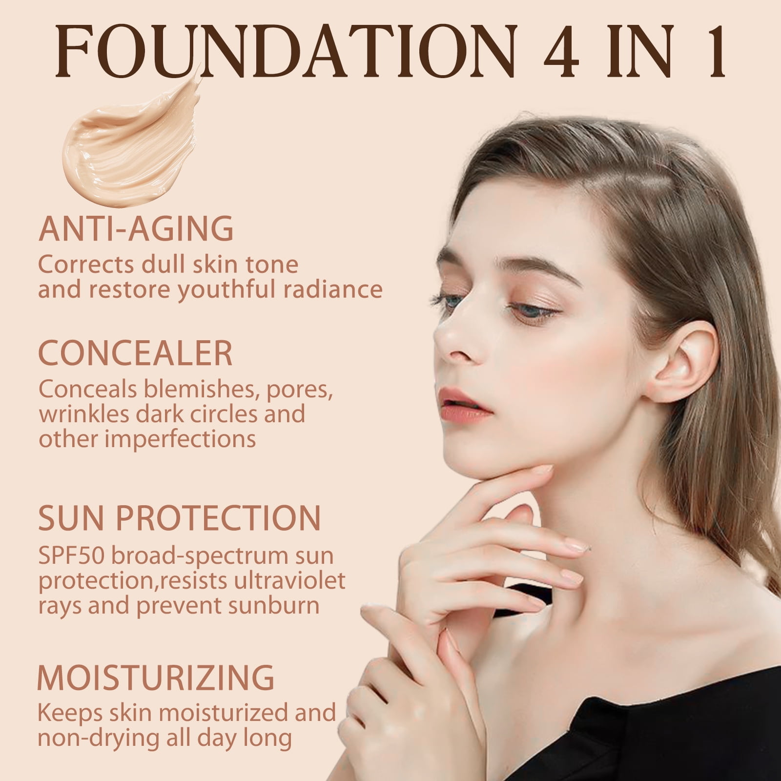 IKZEE 4-in-1 Foundation with Brush, Long-lasting Waterproof Coverage, SPF 50+ UV Protection (Medium, 1.06 oz) 76rsw