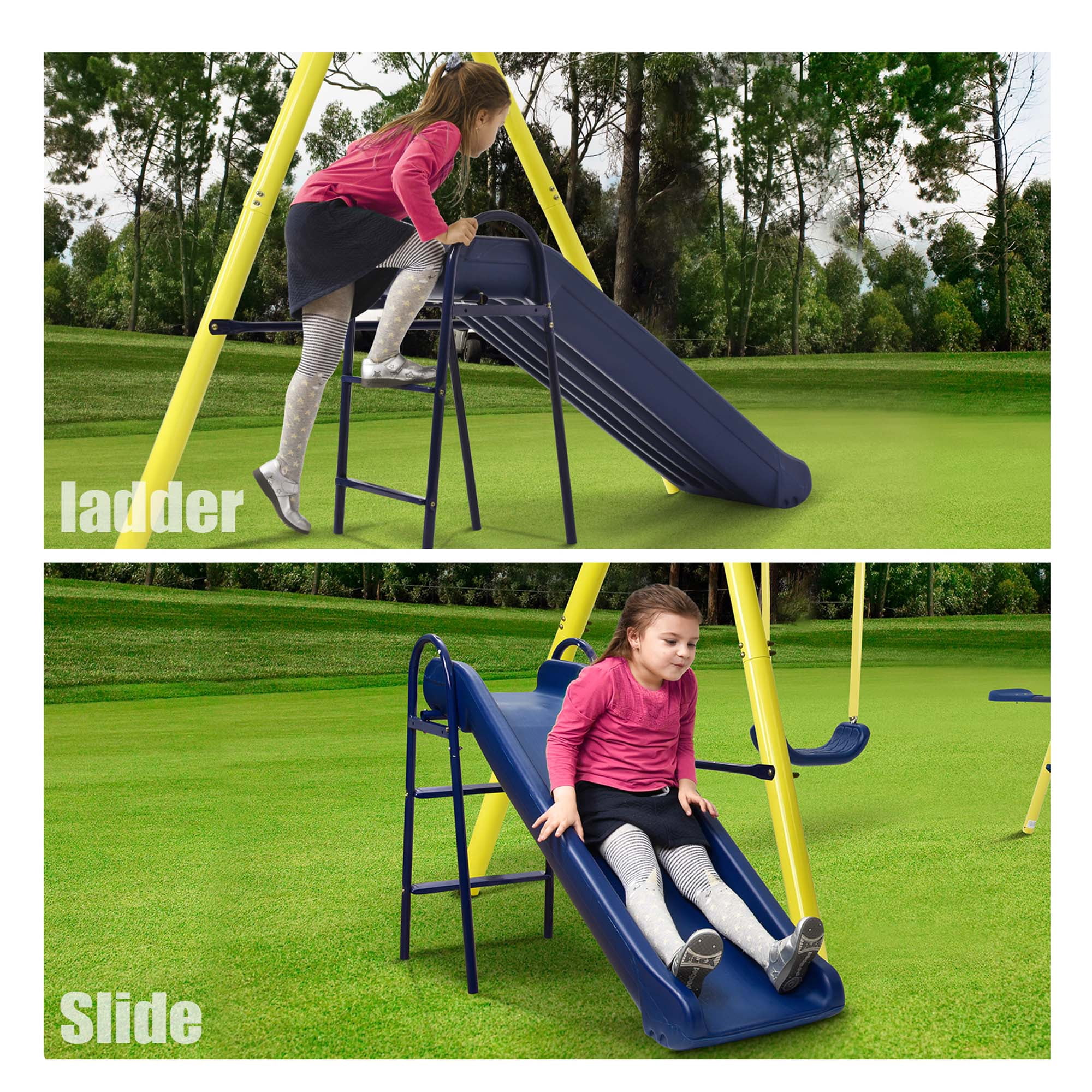 Enyopro 5-in-1 Heavy Duty Backyard Playground Swing Set with Slide, Seesaw, and Basketball Hoop (Yellow) eihpo