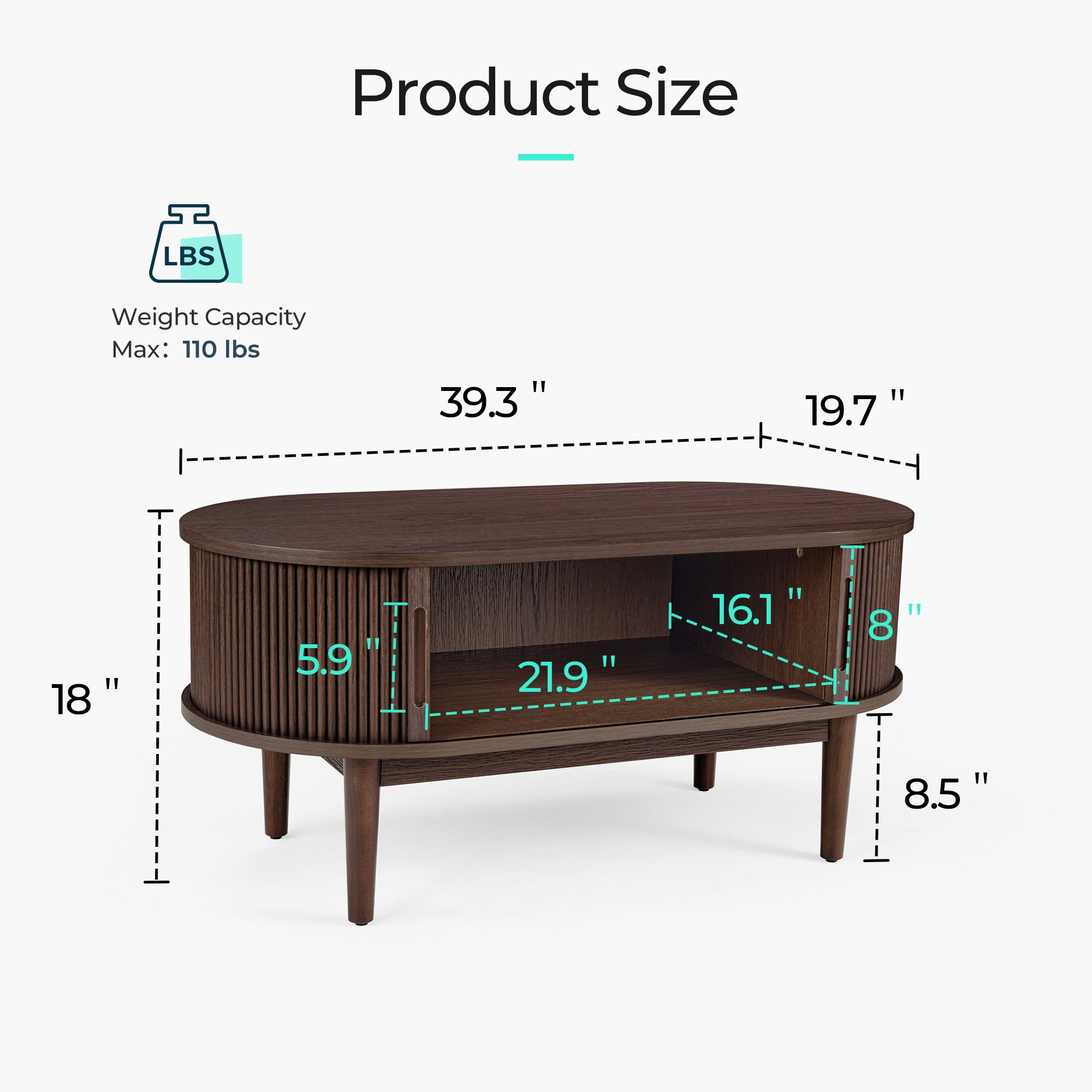 LINSY HOME Fluted Coffee Table with Storage, Mid-Century Modern Living Room Furniture with Sliding Tambour Doors (Walnut, 47.2 in x 23.6 in x 17.7 in) 3zusi