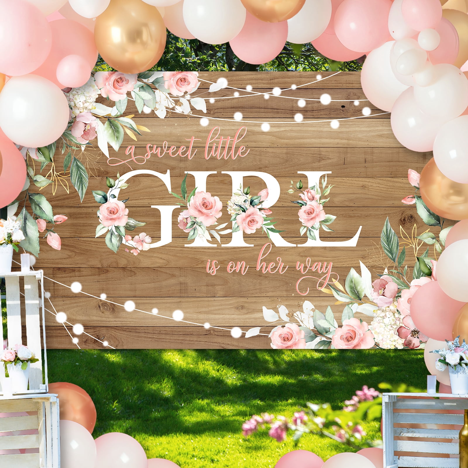 Mocsicka Rustic Baby Shower Backdrop Pink Flower Floral Banner for Girl (Pink, 71 in x 43 in) uzwto