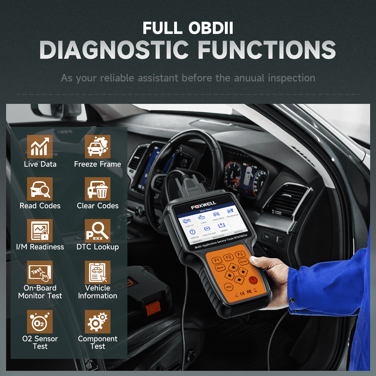 Foxwell NT650 Elite OBD2 Scanner Bidirectional Diagnostic Tool with 26 Maintenance Reset Services (Black, 4.3 in Screen) kbuxz