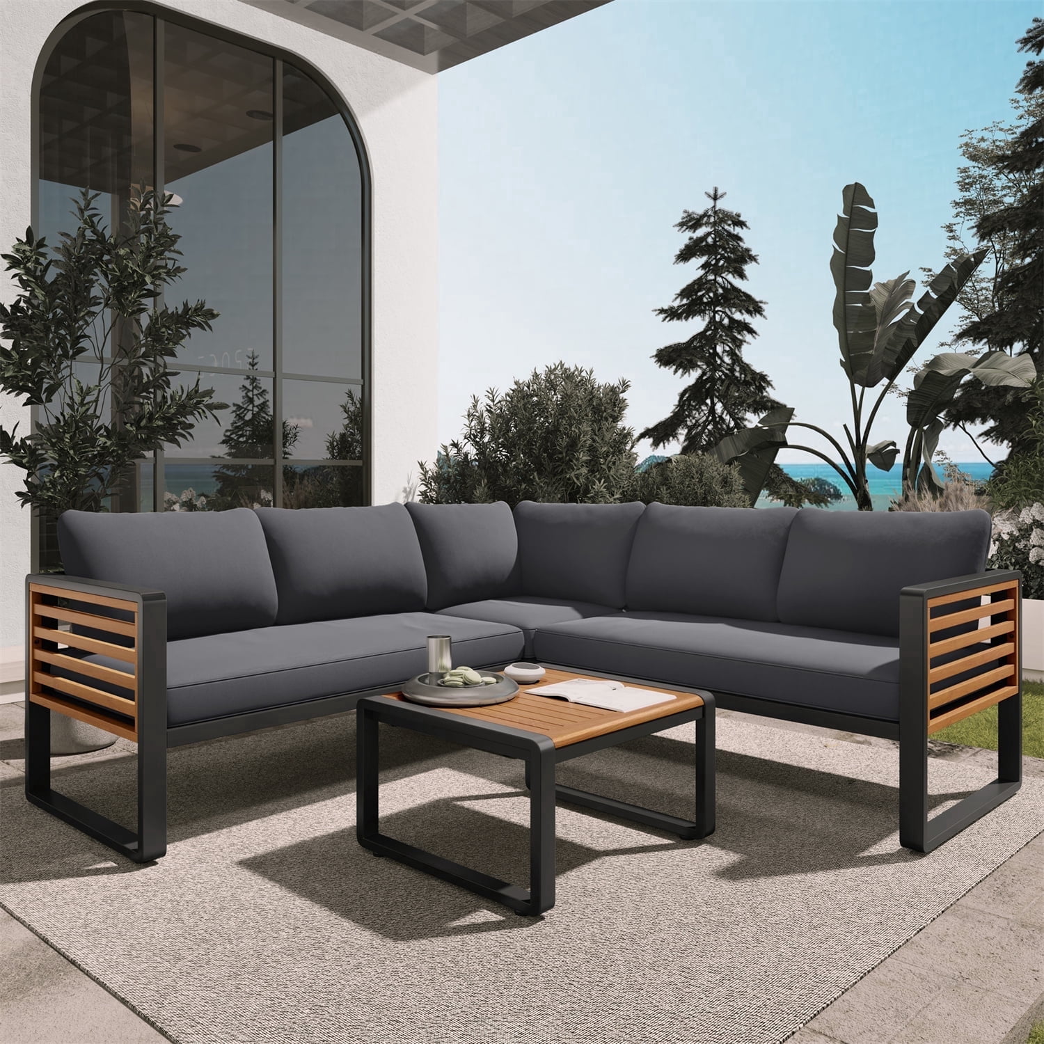 YIORTWO 4-Piece Outdoor Patio Furniture Set, L-Shaped Sectional Sofa with Gray Cushions and Acacia Wood Coffee Table (Black Metal Frame, 4-Piece Set) tm9zi