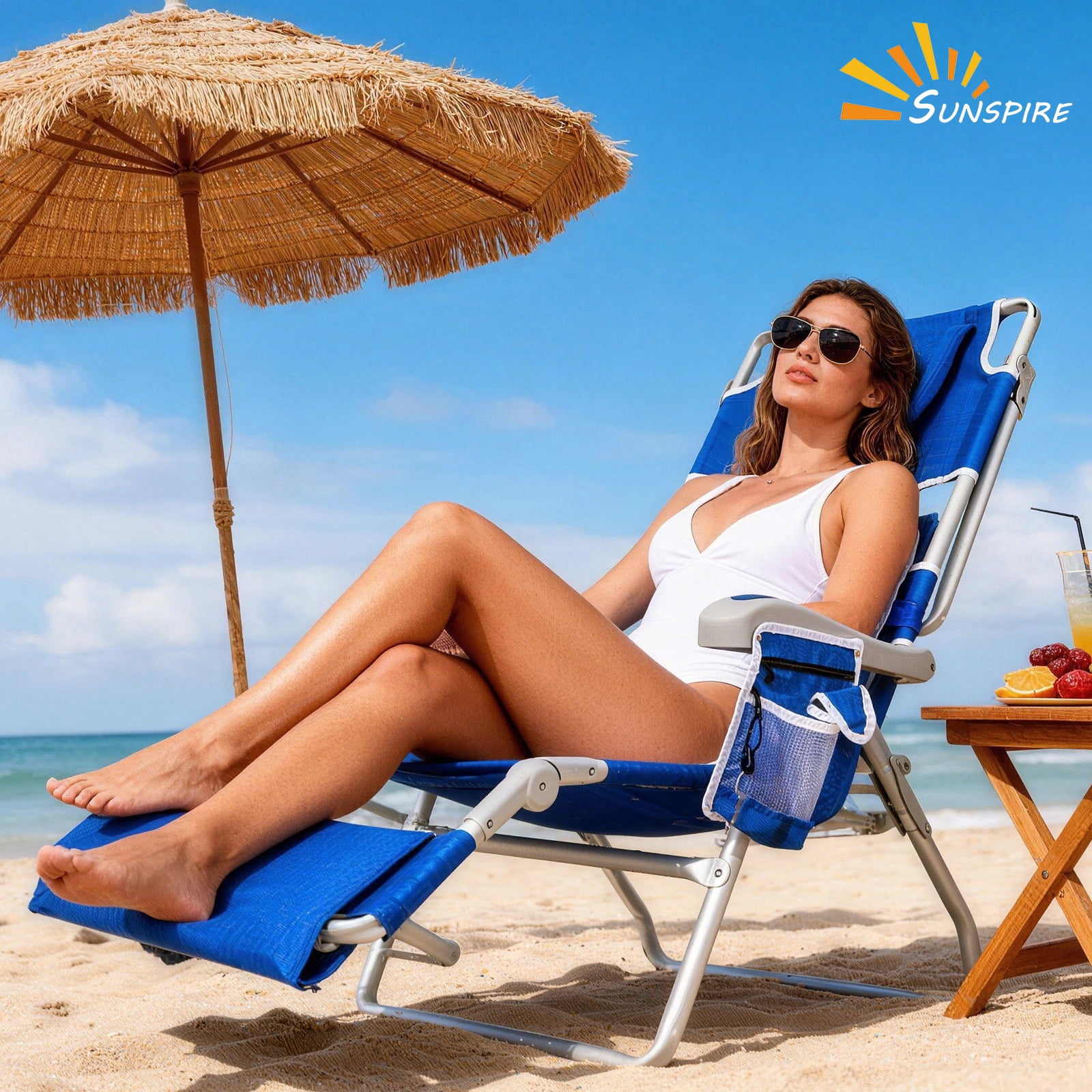 SUNSPIRE 3-in-1 Reclining Beach Chair with Face Hole and Cooler Bag (Blue, 14.6 in Seat Height) mgc0z