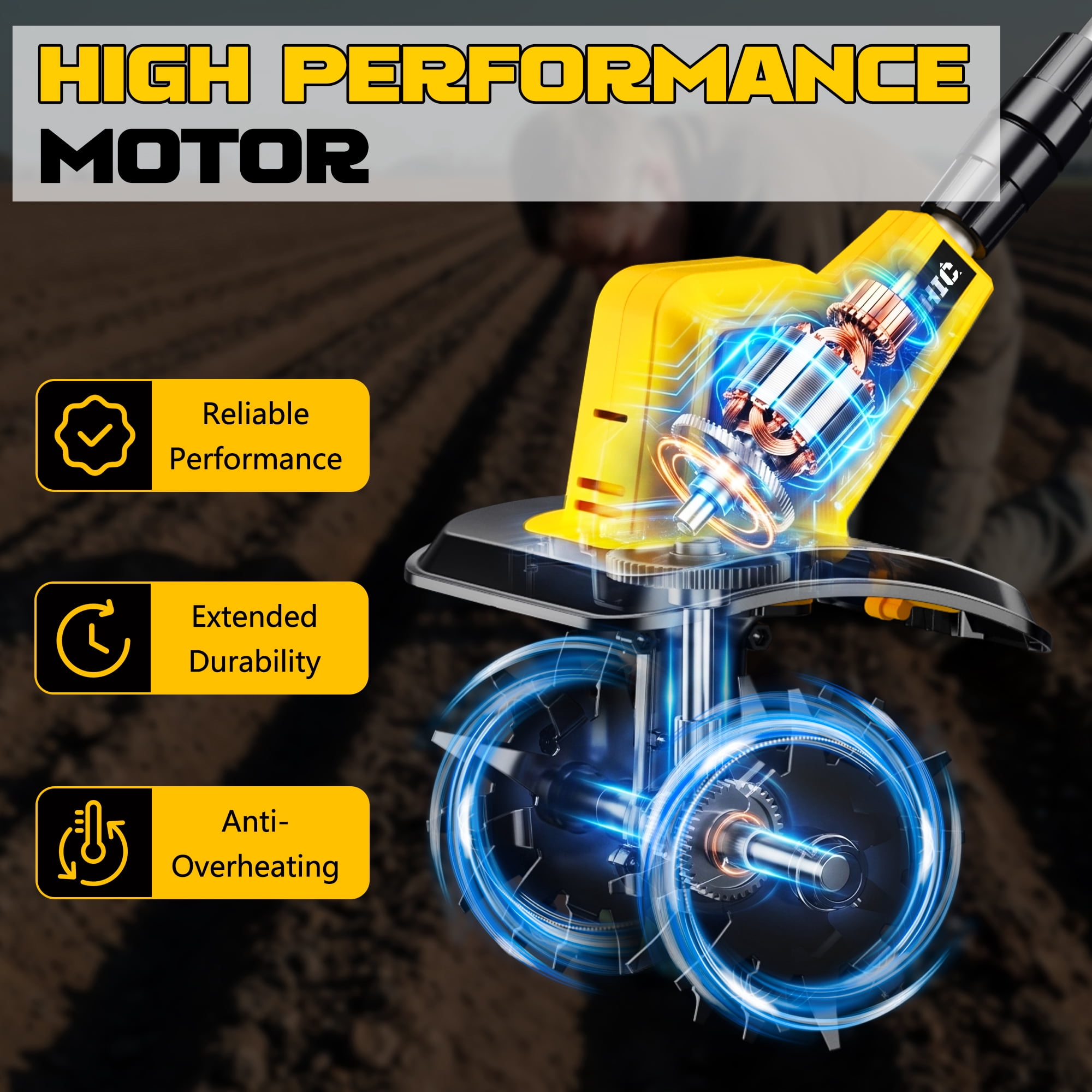 Rvchic 24V Cordless Tiller Cultivator, High-Speed Electric Garden Soil Aerator with 4 Steel Blades (Yellow, 4 in Width x 6 in Depth) 29fpt