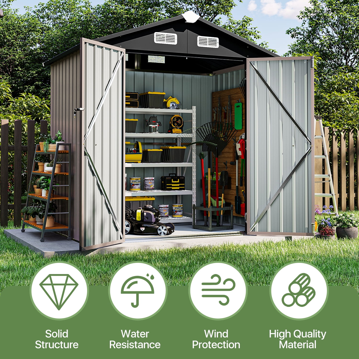 Sunmthink Outdoor Storage Shed, Galvanized Steel Tool Shed with Lockable Door and Vents (Brown, 6 ft x 4 ft) yl3su