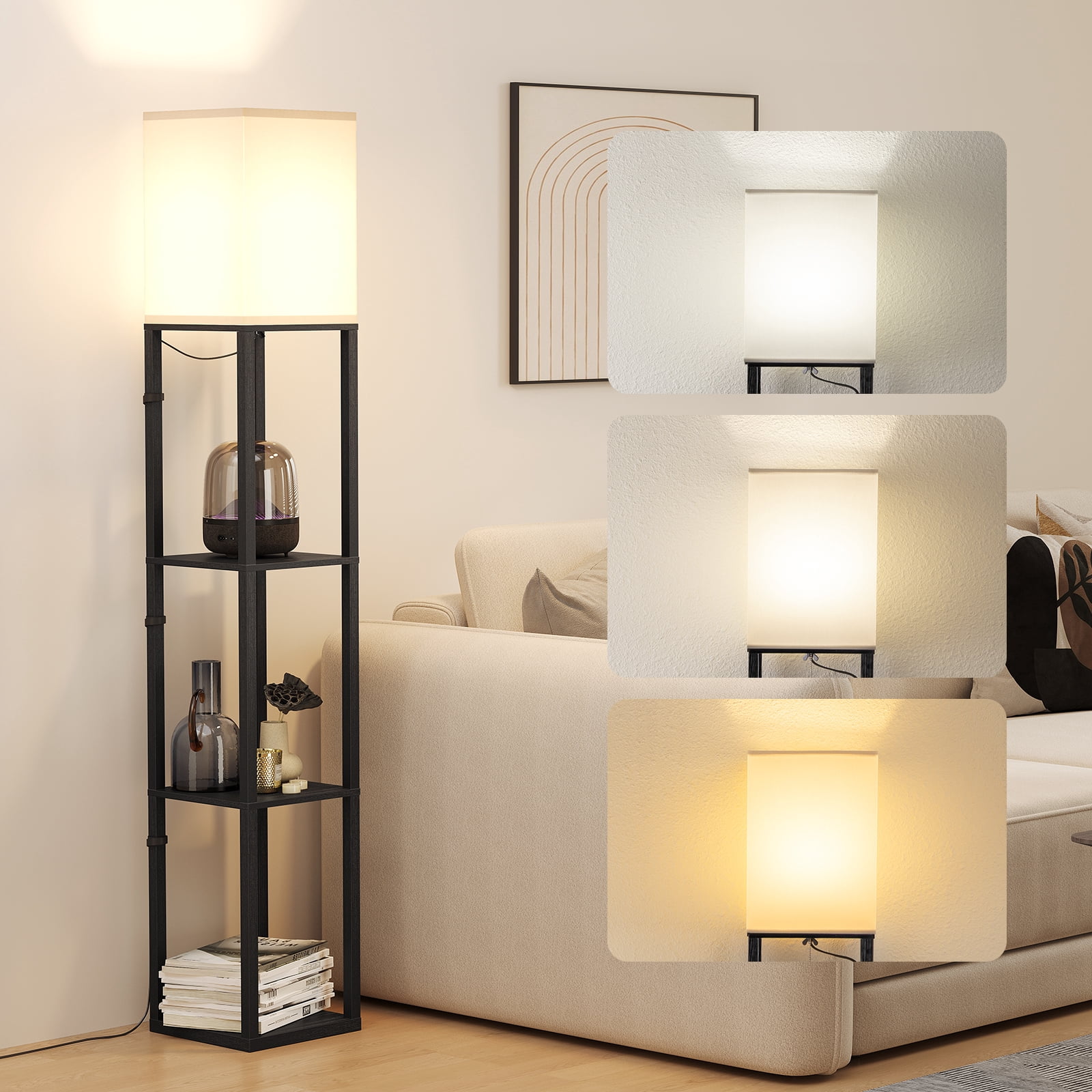 SUNMORY Floor Lamp with Shelves, Standing Lamp for Living Room and Bedroom, Modern Storage Shelf Lamp with LED Bulb (Black, 63 in) uk1io