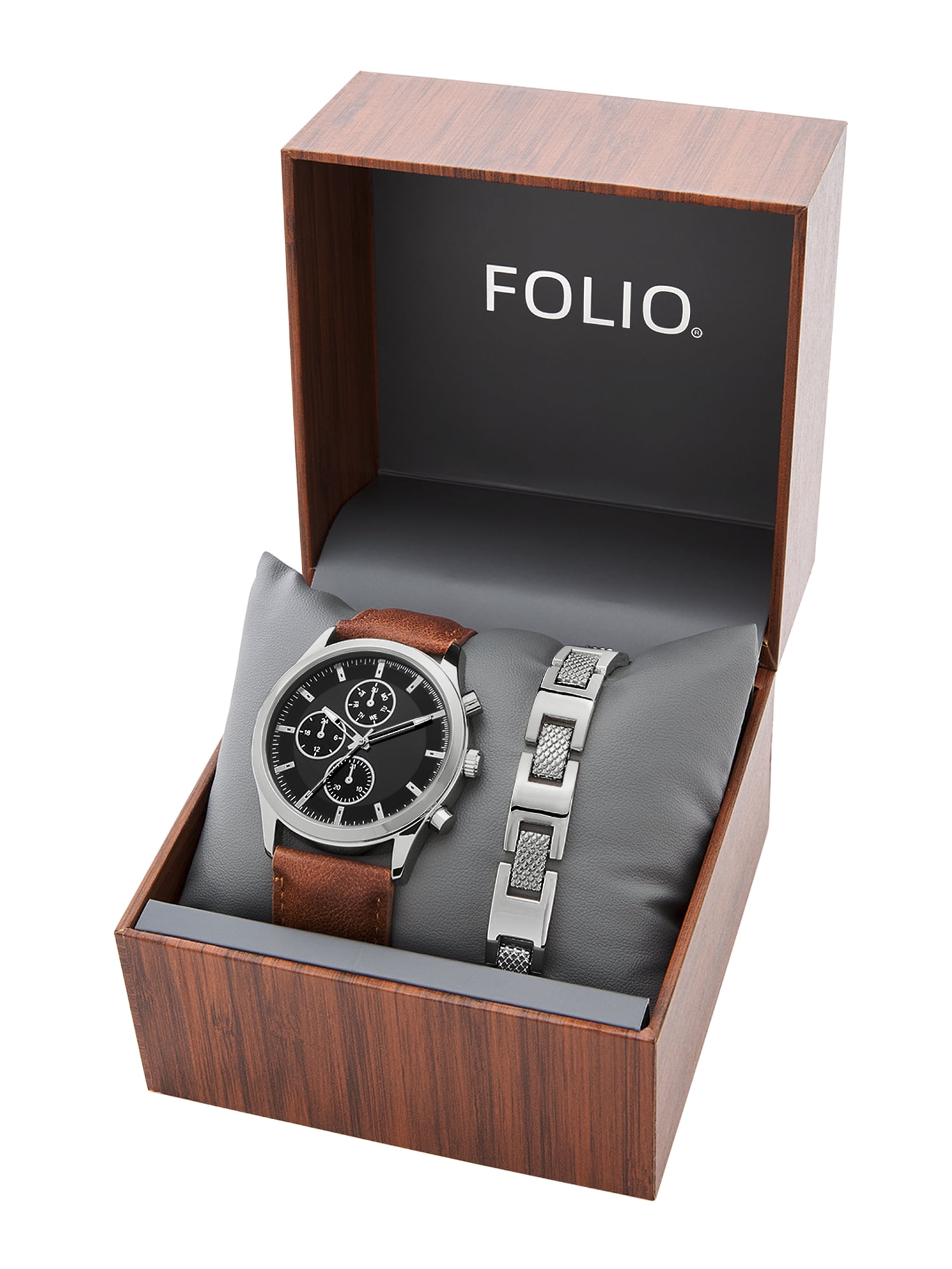 Folio Men's Analog Wristwatch and Bracelet Gift Set (Brown, 44mm) bj43j