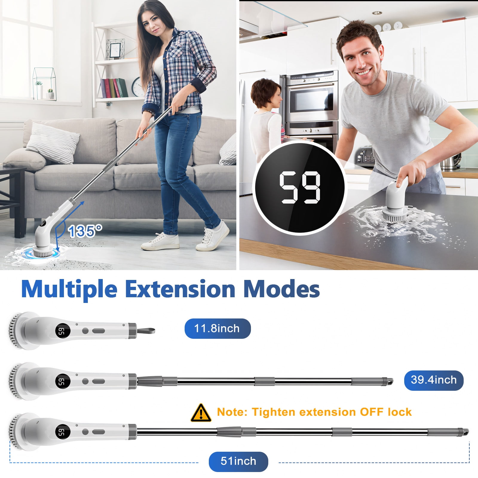 Amiluo Electric Spin Scrubber, Cordless Bathroom Cleaning Brush with Extension Handle and 7 Replaceable Heads (50 in) 2168s